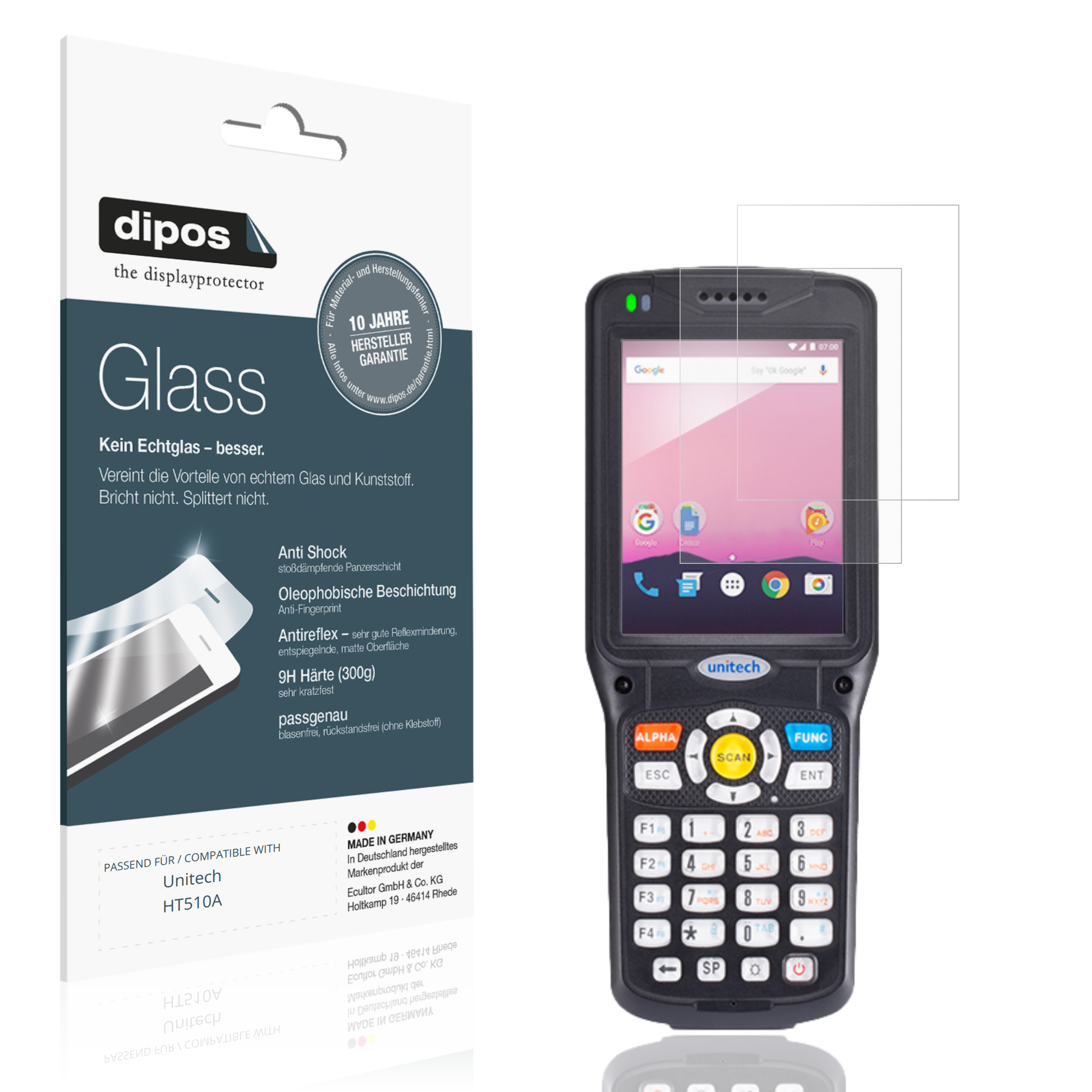 Matte Displayschutzfolie von dipos passend für Unitech HT510A, 9H kratzfest und blasenfrei montiert