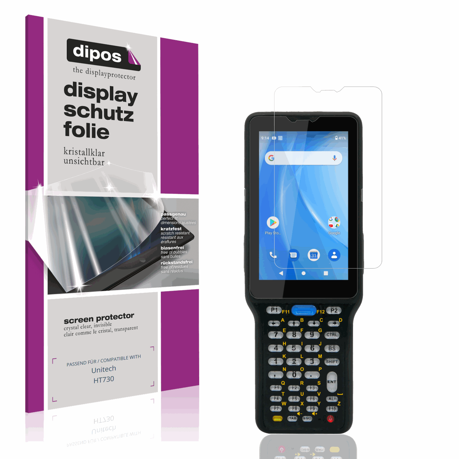 Klare Displayschutzfolie von dipos passend für Unitech HT730, präziser Zuschnitt und blasenfrei montiert