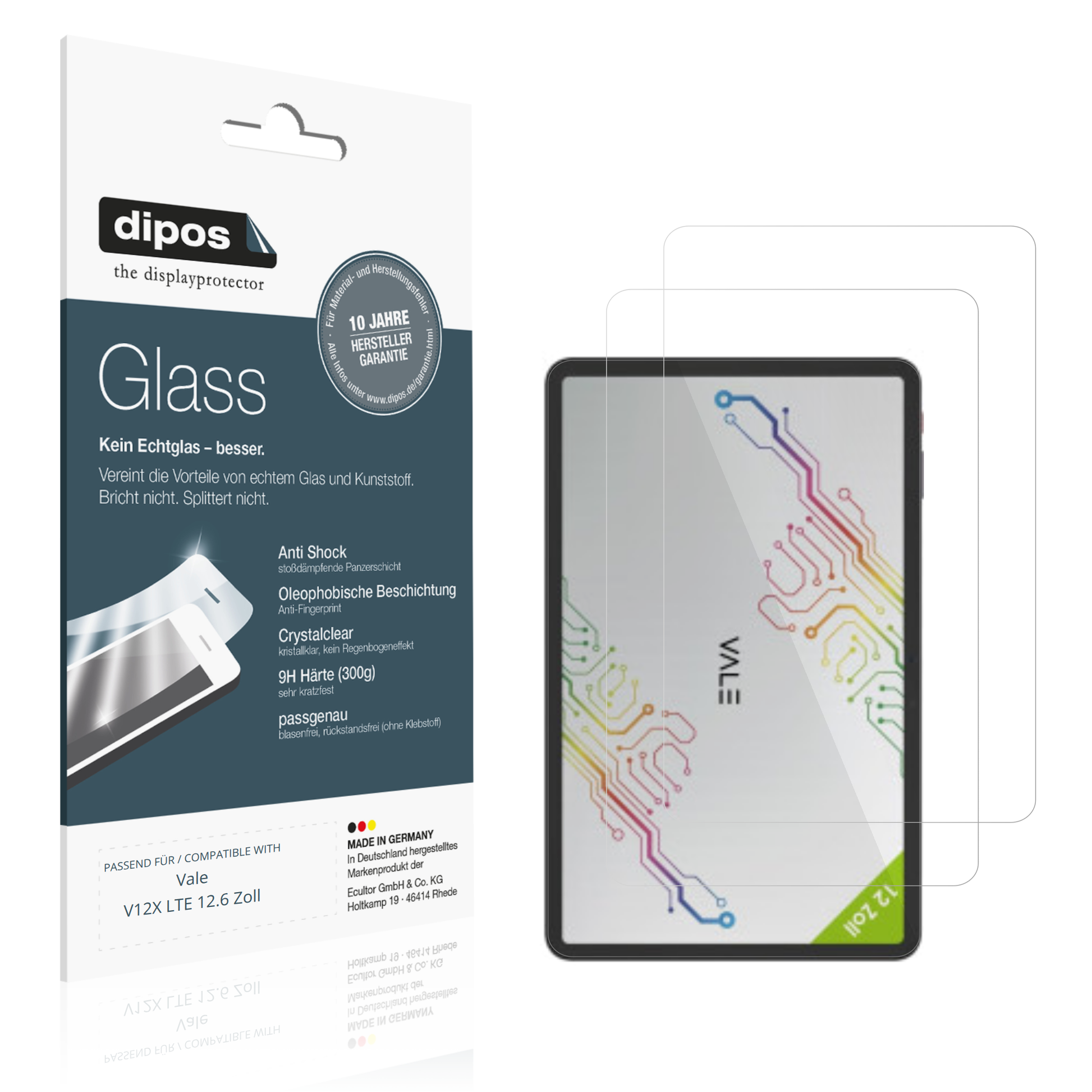 Klare Displayschutzfolie von dipos passend für Vale V12X LTE 12.6 Zoll, 9H kratzfest und blasenfrei montiert
