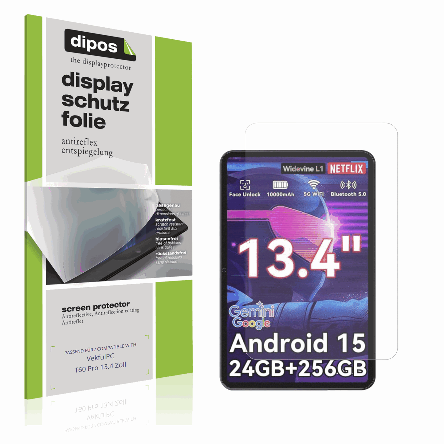 Matte Displayschutzfolie von dipos passend für VekfulPC T60 Pro 13.4 Zoll, präziser Zuschnitt und blasenfrei montiert