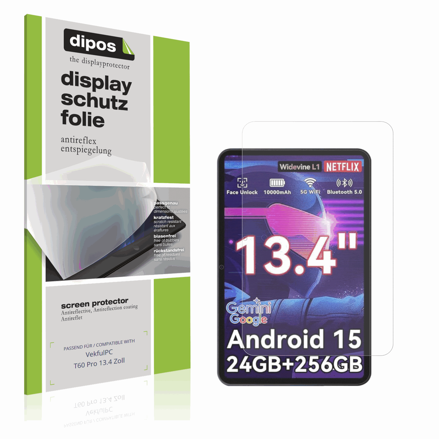 Matte Displayschutzfolie von dipos passend für VekfulPC T60 Pro 13.4 Zoll, präziser Zuschnitt und blasenfrei montiert