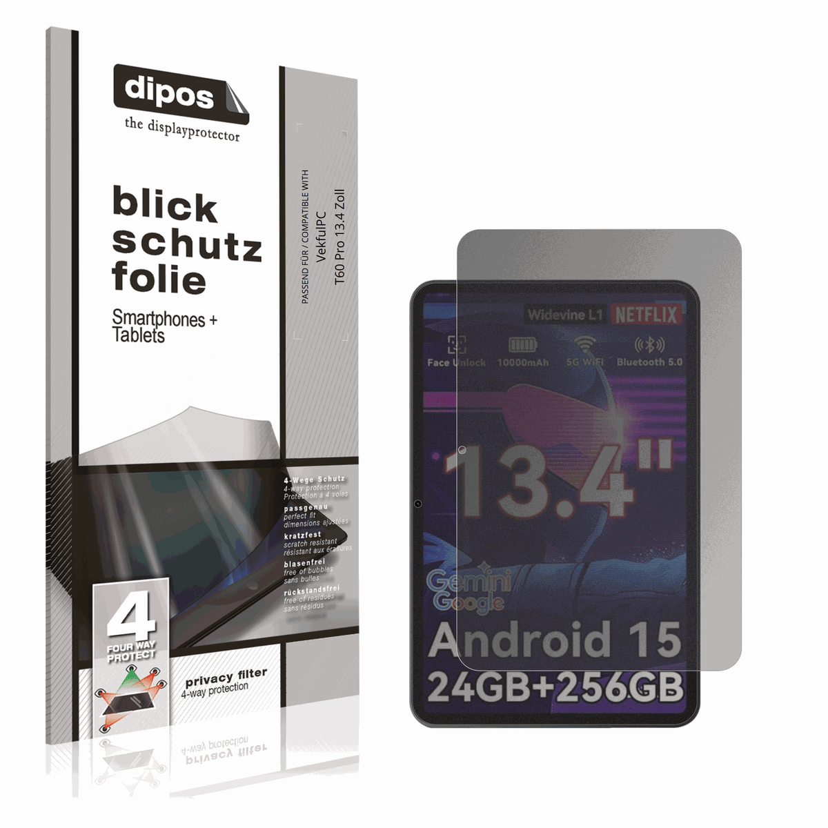 Blickschutzfolie von dipos passend für VekfulPC T60 Pro 13.4 Zoll, präziser Zuschnitt und blasenfrei montiert