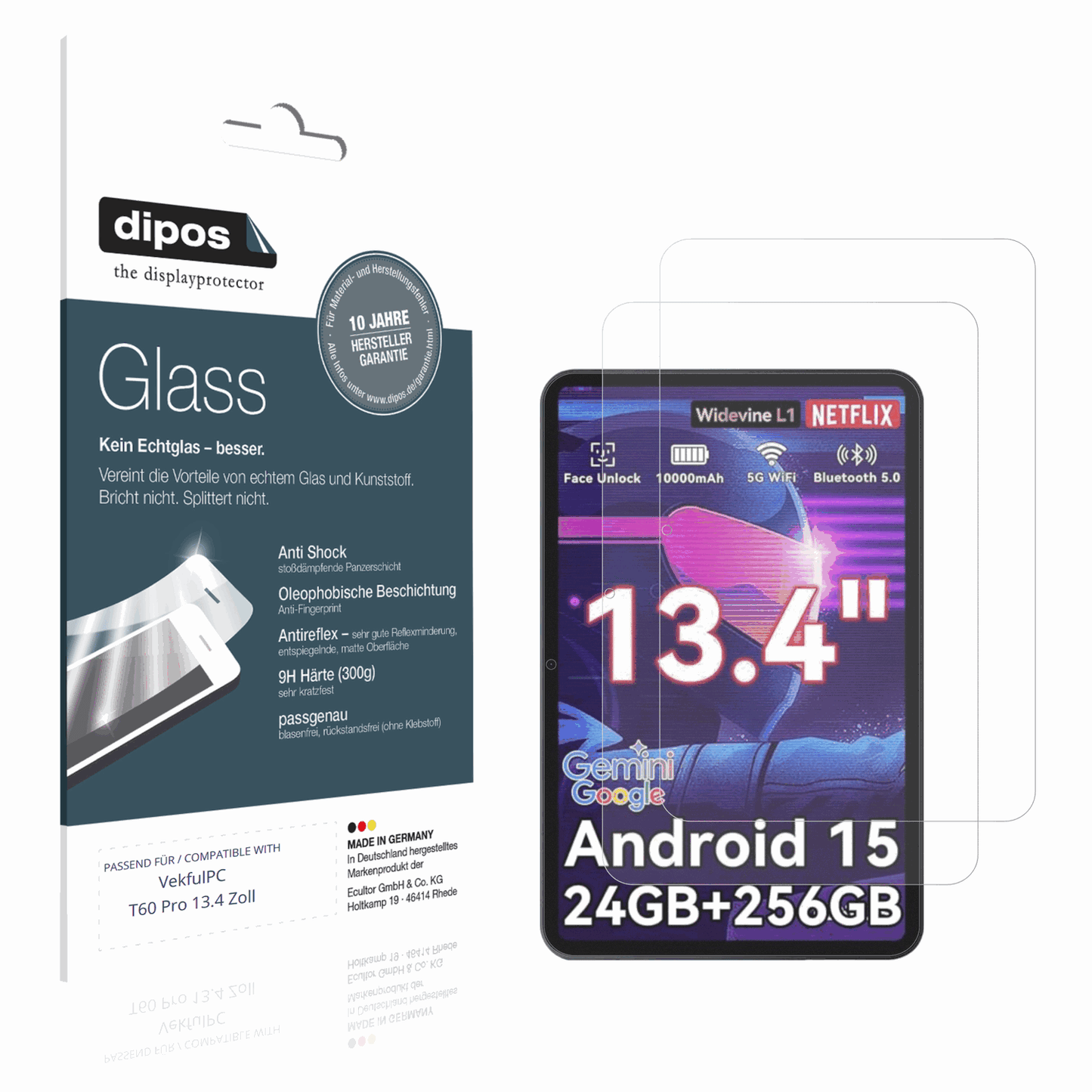 Matte Displayschutzfolie von dipos passend für VekfulPC T60 Pro 13.4 Zoll, 9H kratzfest und blasenfrei montiert