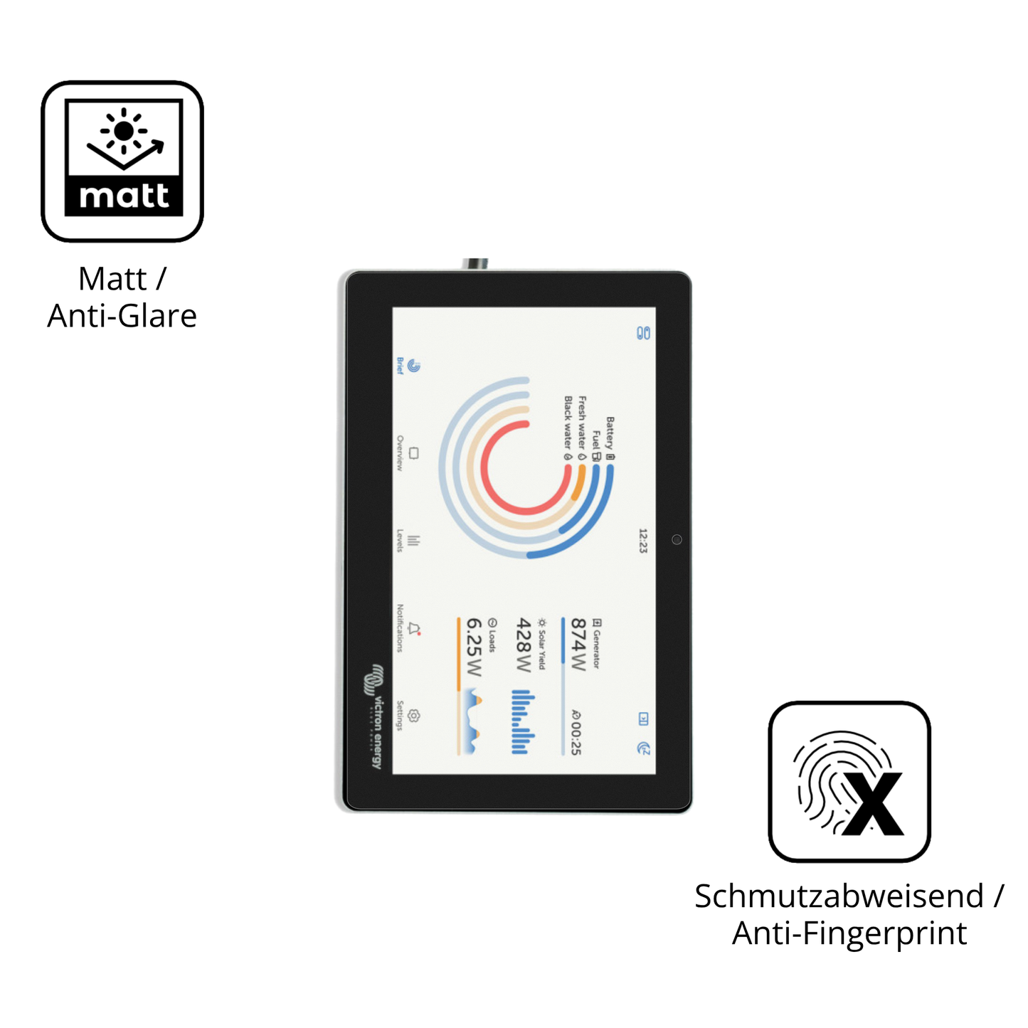 Dünne und entspiegelnde Folie passend zugeschnitten für Victron Energy GX Touch 70 Flush