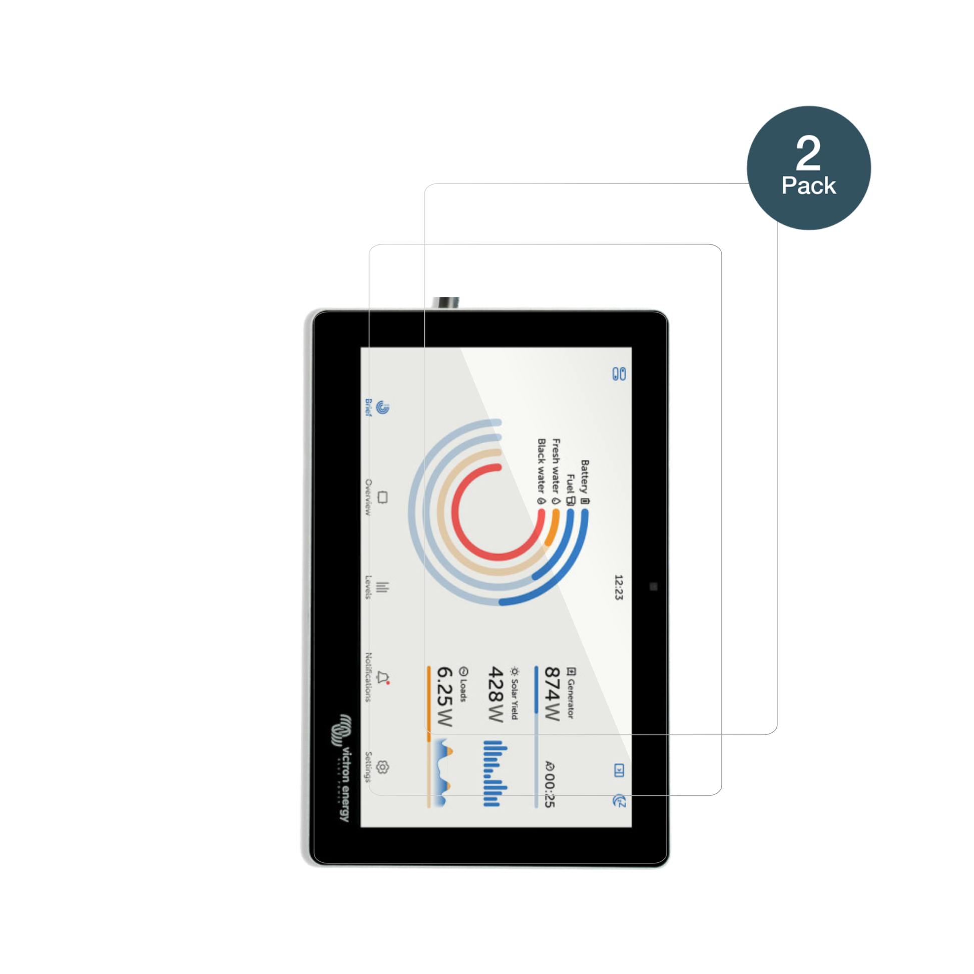 VictronEnergy GX Touch 70 Flush mit aufgebrachter dipos Flex Schutzfolie, glasklare Darstellung ohne Einschränkungen