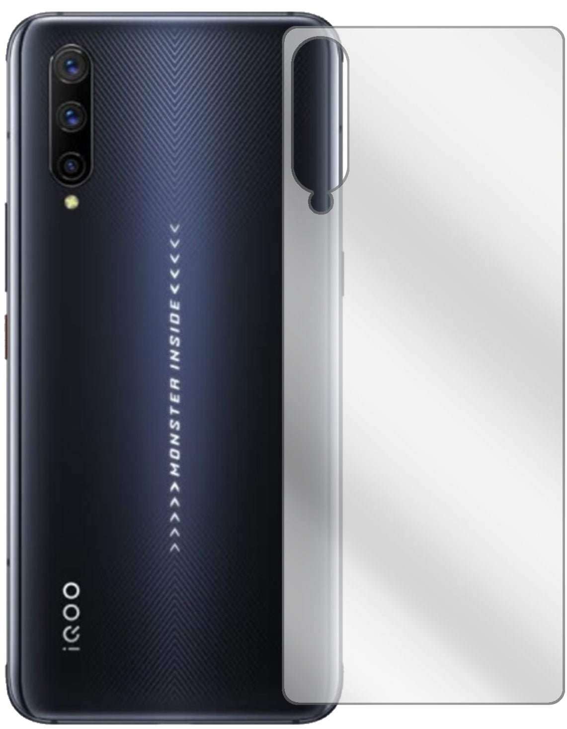 VivoIQOO Pro 5G Rückseite mit aufgebrachter dipos Displayschutzfolie, glasklare Darstellung ohne Einschränkungen