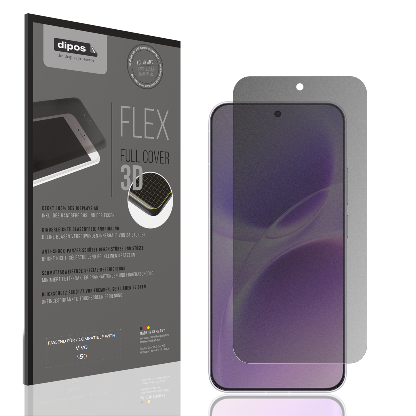 Blickschutzfolie von dipos passend für Vivo S50, 100% Displayabdeckung und blasenfreie Montage