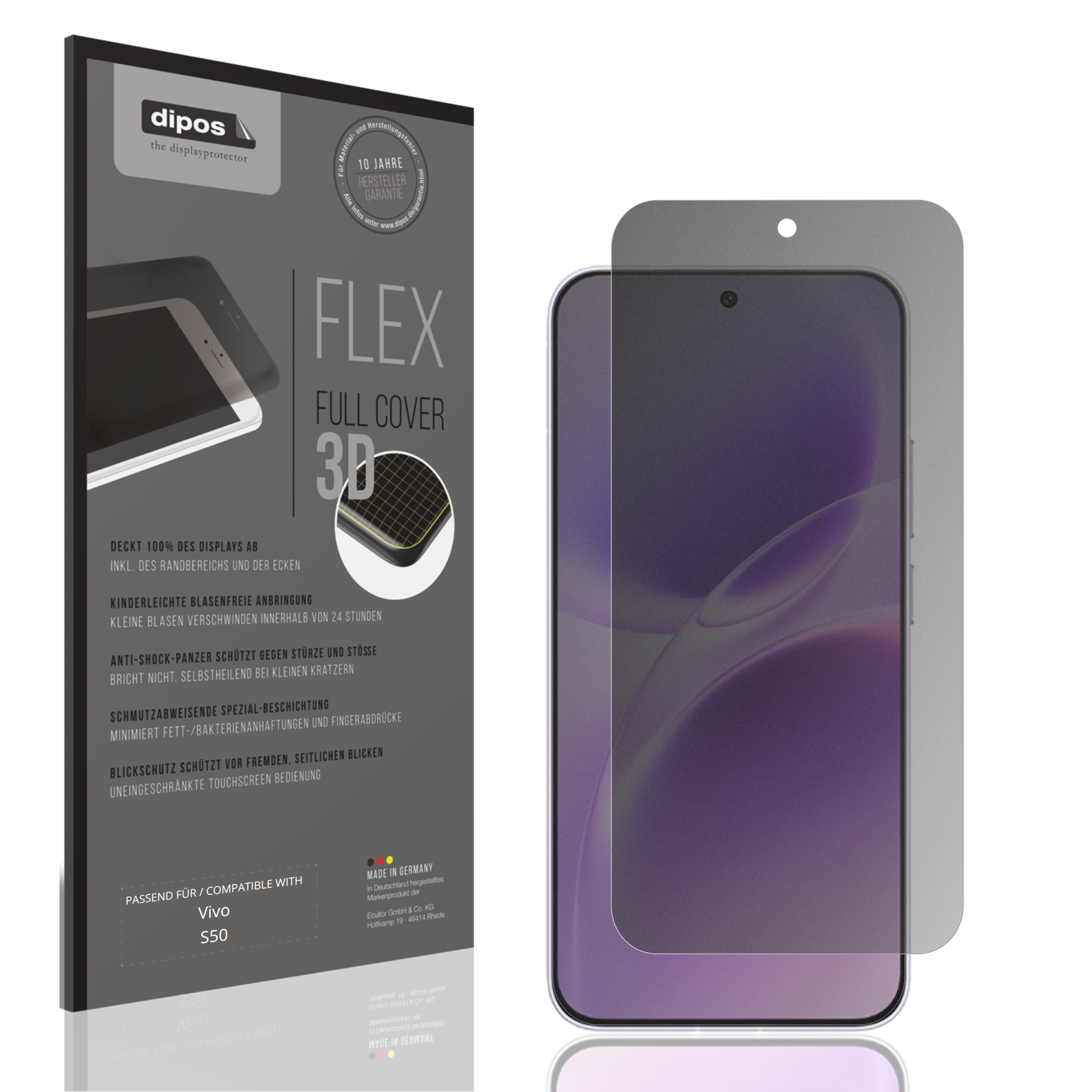 Blickschutzfolie von dipos passend für Vivo S50, 100% Displayabdeckung und blasenfreie Montage
