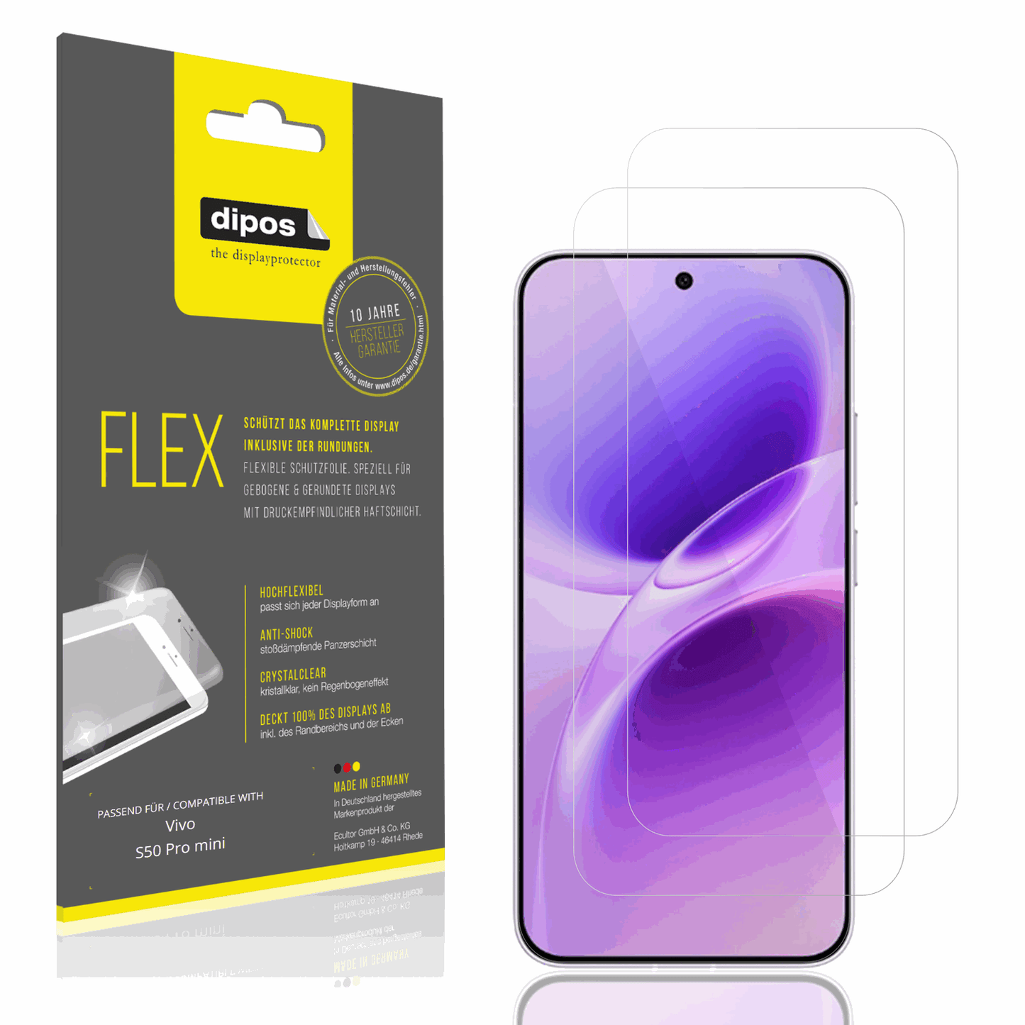 Klare Displayschutzfolie von dipos passend für Vivo S50 Pro mini, 100% Displayabdeckung und blasenfreie Montage