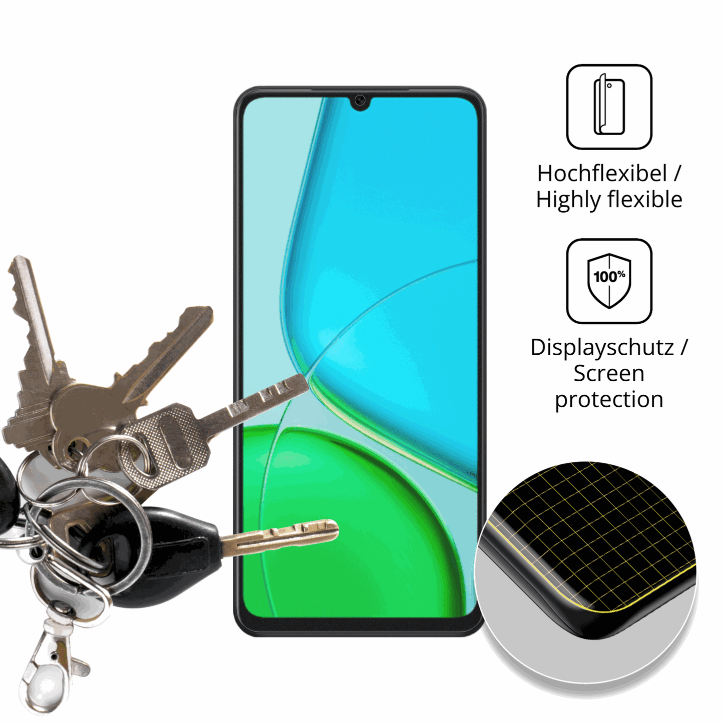 dipos Displayschutz für Vivo Y50e, transparente Oberfläche, perfekte Passform auch für die Rundungen
