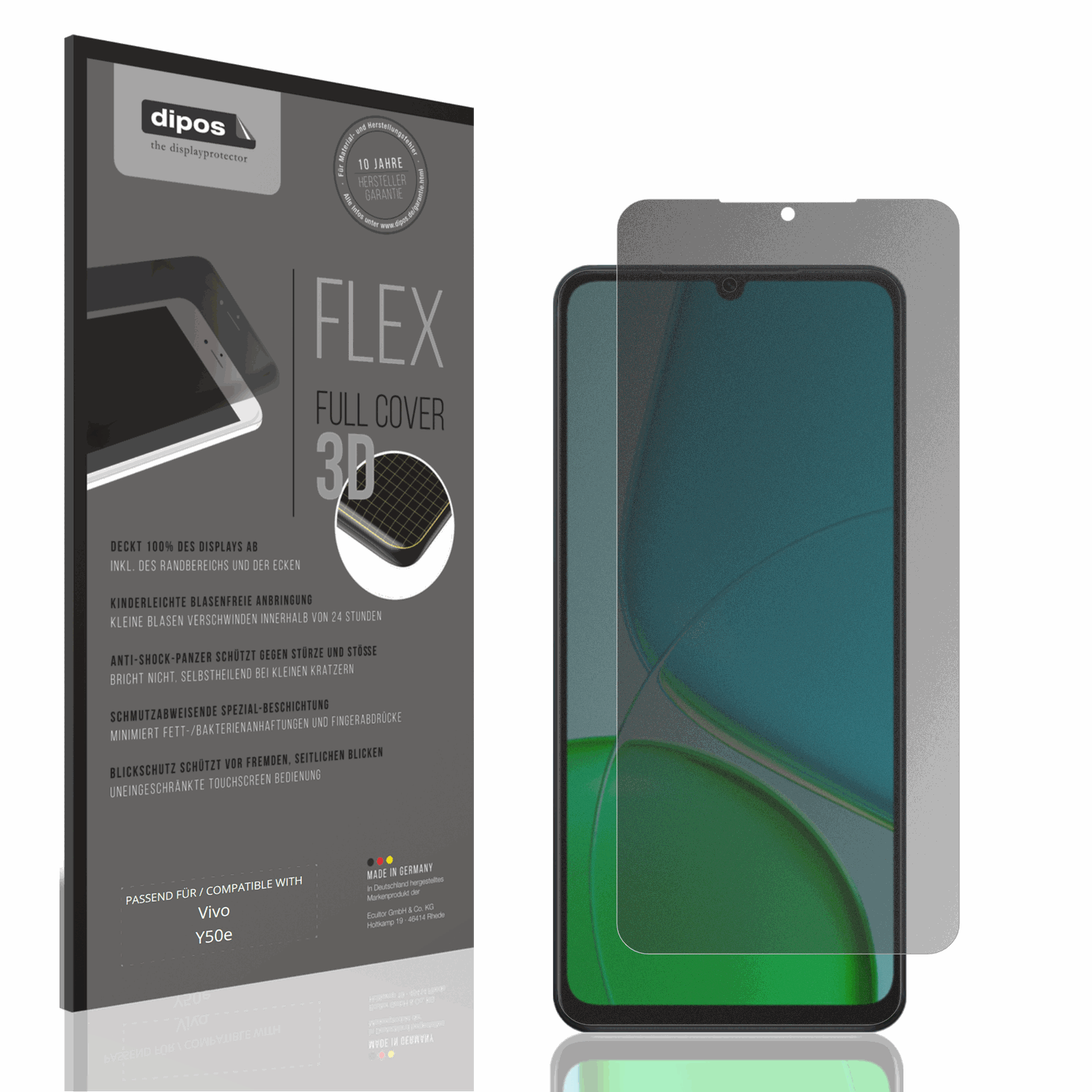 Blickschutzfolie von dipos passend für Vivo Y50e, 100% Displayabdeckung und blasenfreie Montage