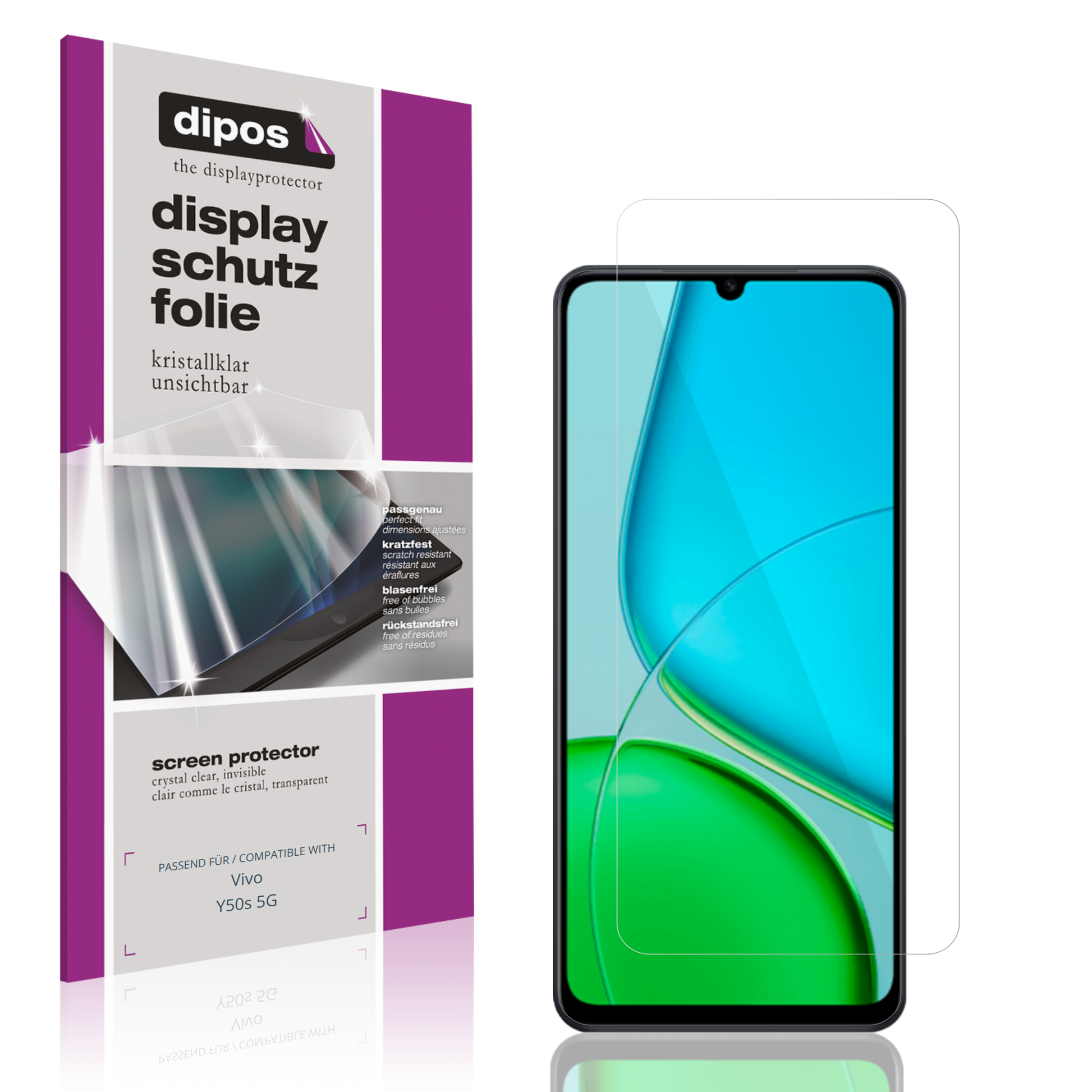Klare Displayschutzfolie von dipos passend für Vivo Y50s 5G, präziser Zuschnitt und blasenfrei montiert
