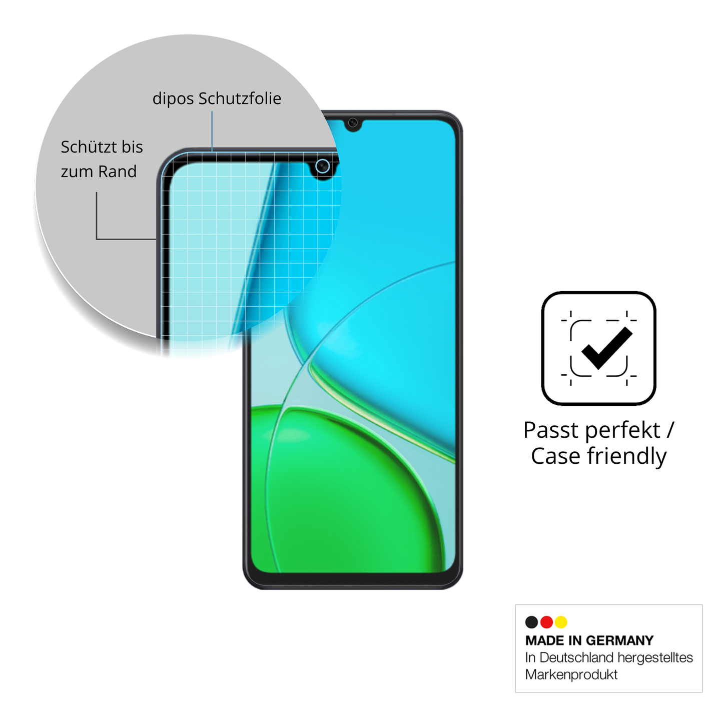 Schutzglasfolie mit optimaler Passform, zur Verwendung mit Hüllen geeignet