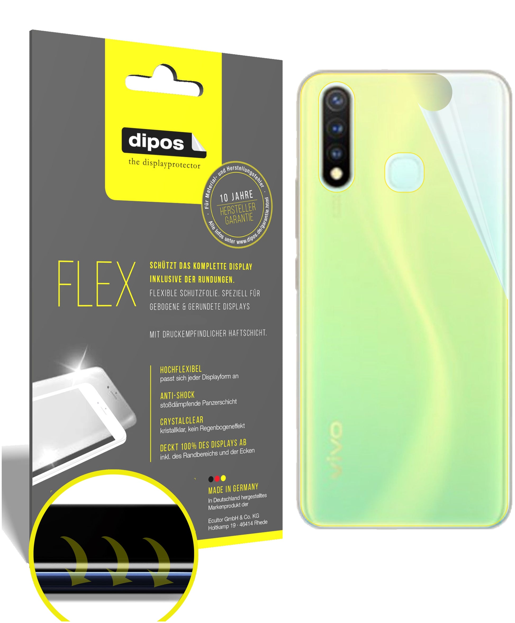 Klare Displayschutzfolie von dipos passend für Vivo Y19 Rückseite, 100% Displayabdeckung und blasenfreie Montage