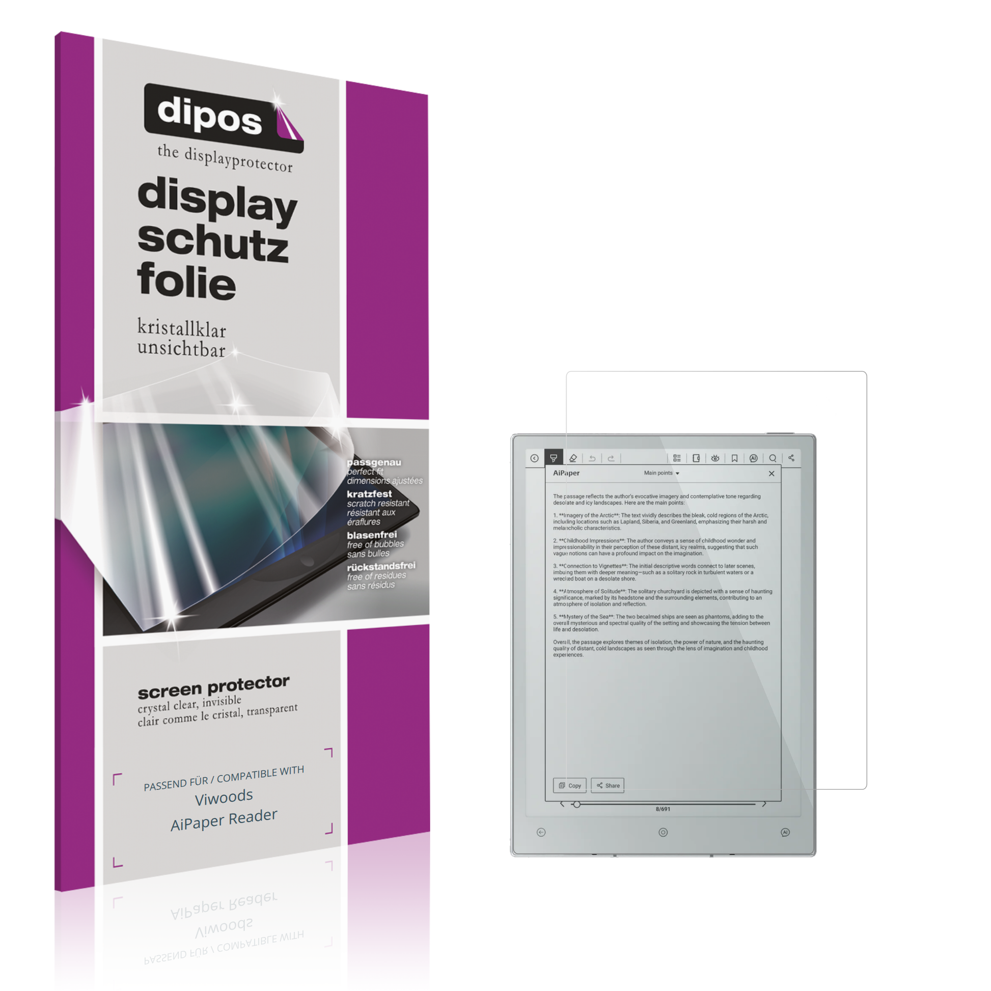 Klare Displayschutzfolie von dipos passend für Viwoods AiPaper Reader, präziser Zuschnitt und blasenfrei montiert