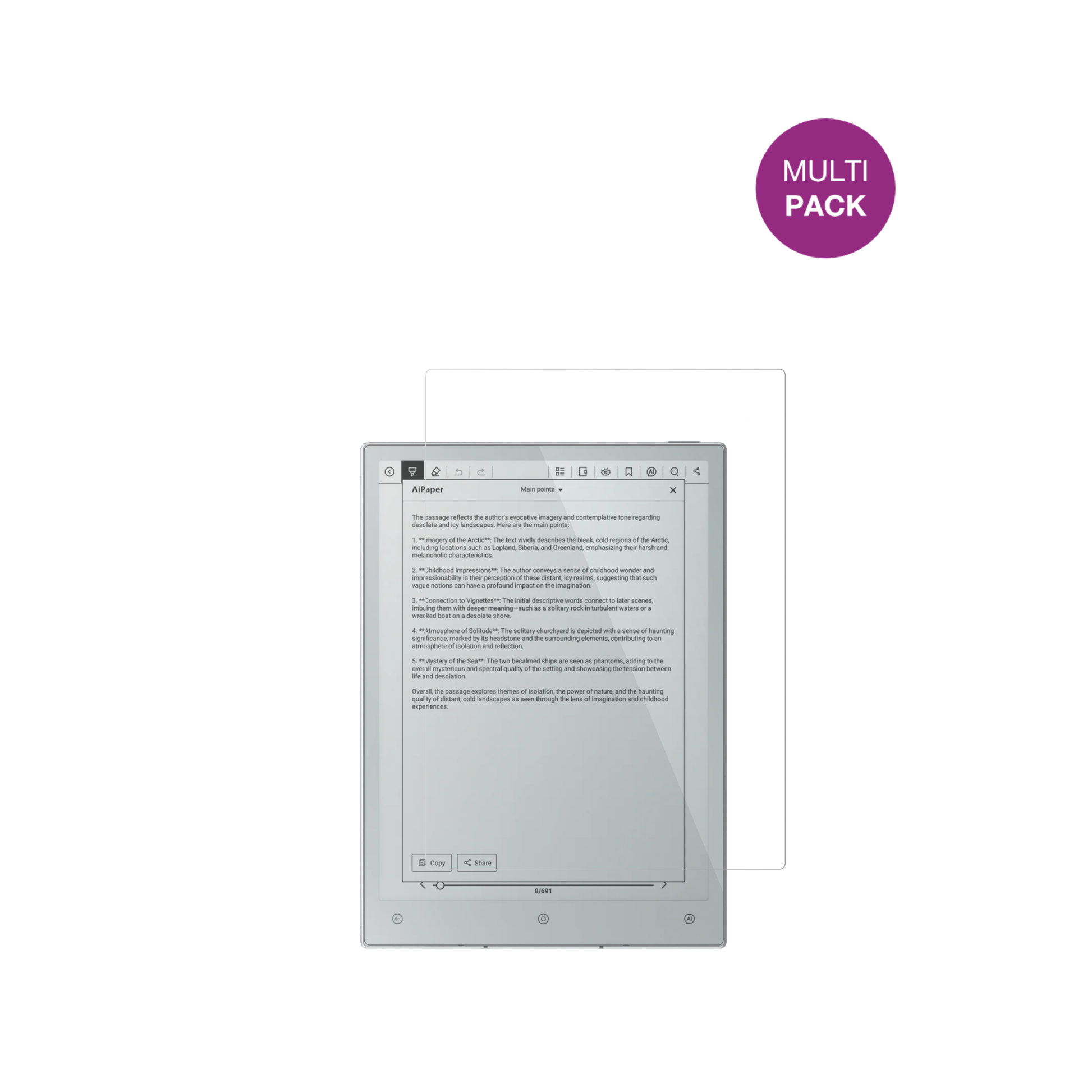 ViwoodsAiPaper Reader mit aufgebrachter dipos Displayschutzfolie, glasklare Darstellung ohne Einschränkungen