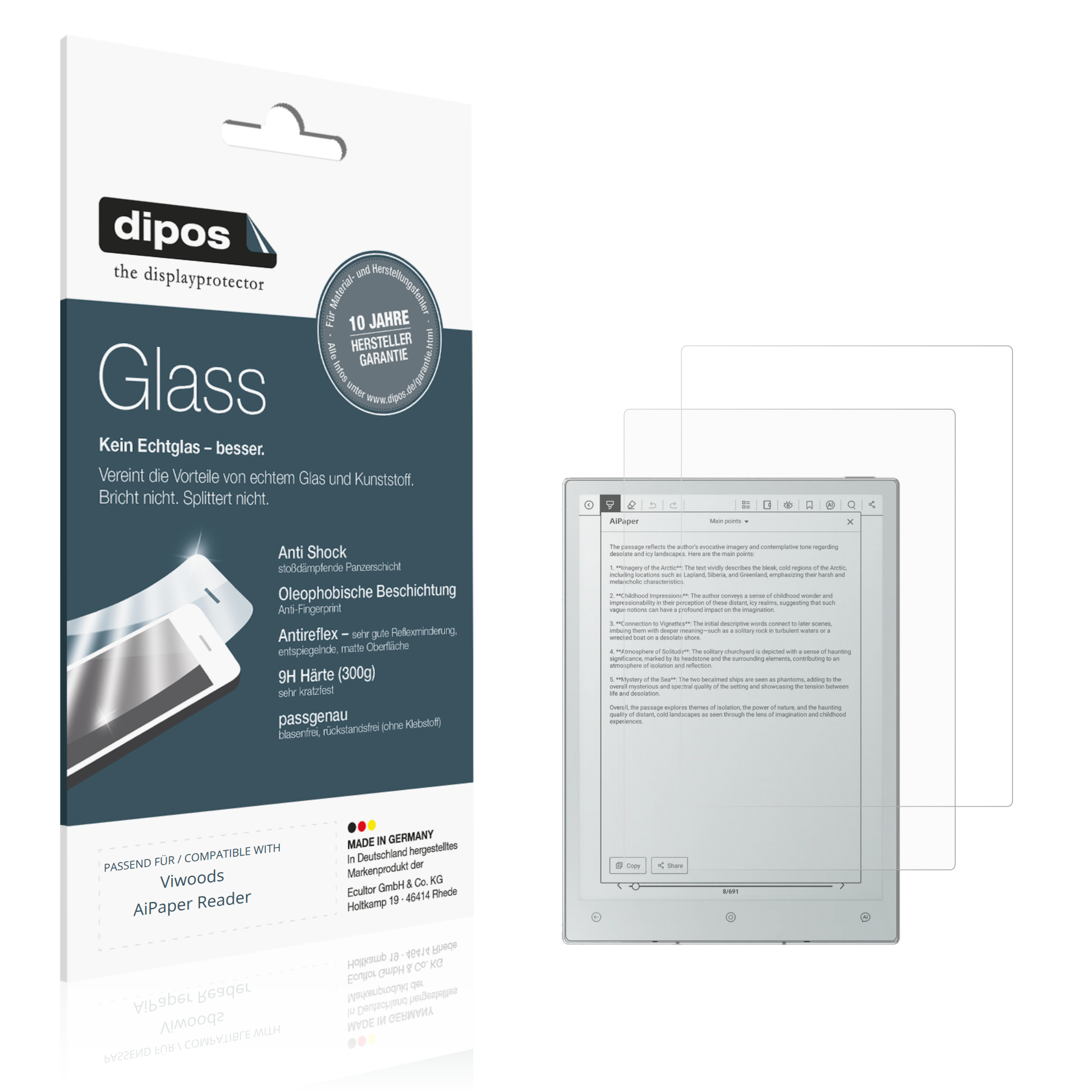 Matte Displayschutzfolie von dipos passend für Viwoods AiPaper Reader, 9H kratzfest und blasenfrei montiert