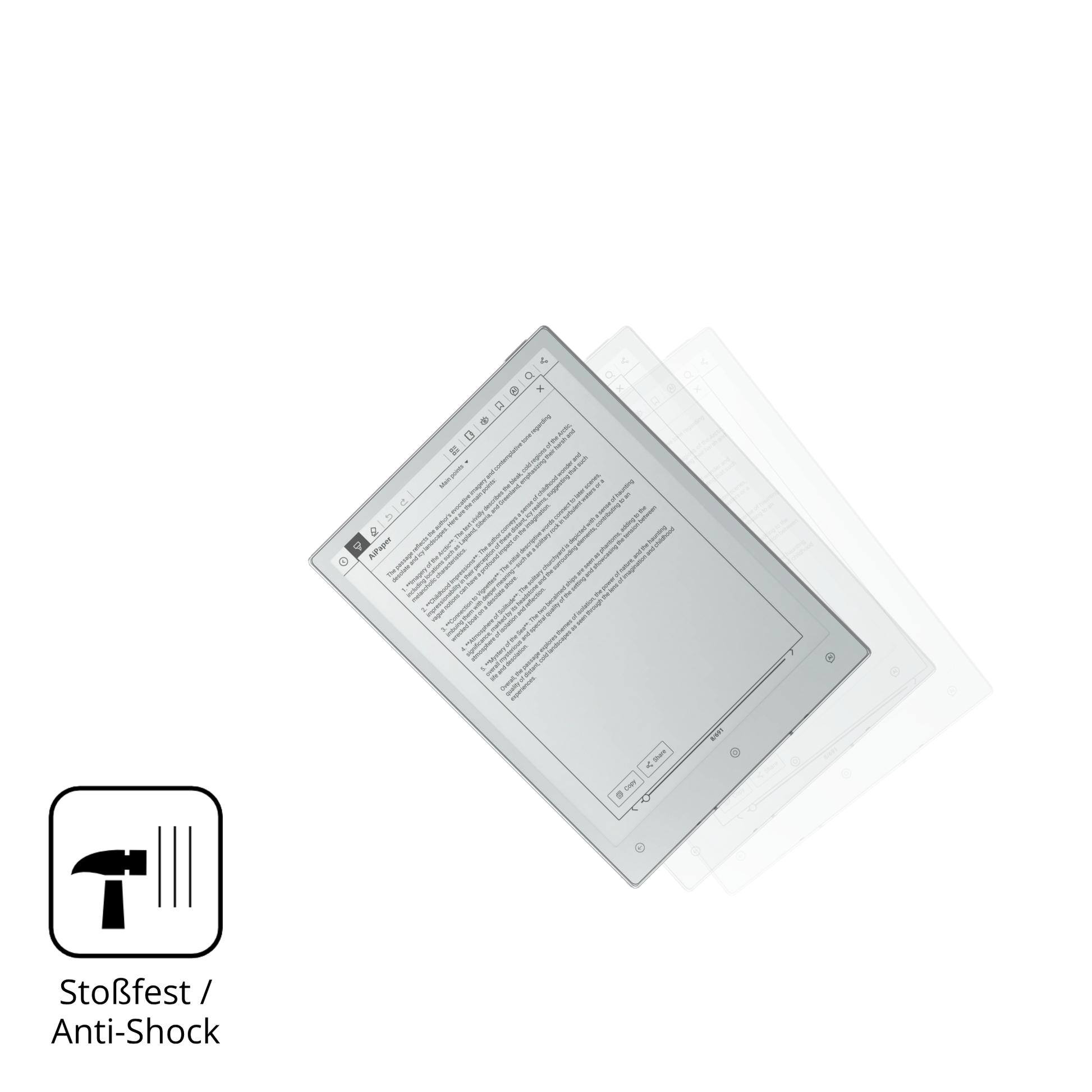 Schutz gegen Kratzer auf dem Viwoods AiPaper Reader Glas durch Schlüssel, Stöße gegen die Tischkante oder Stürze