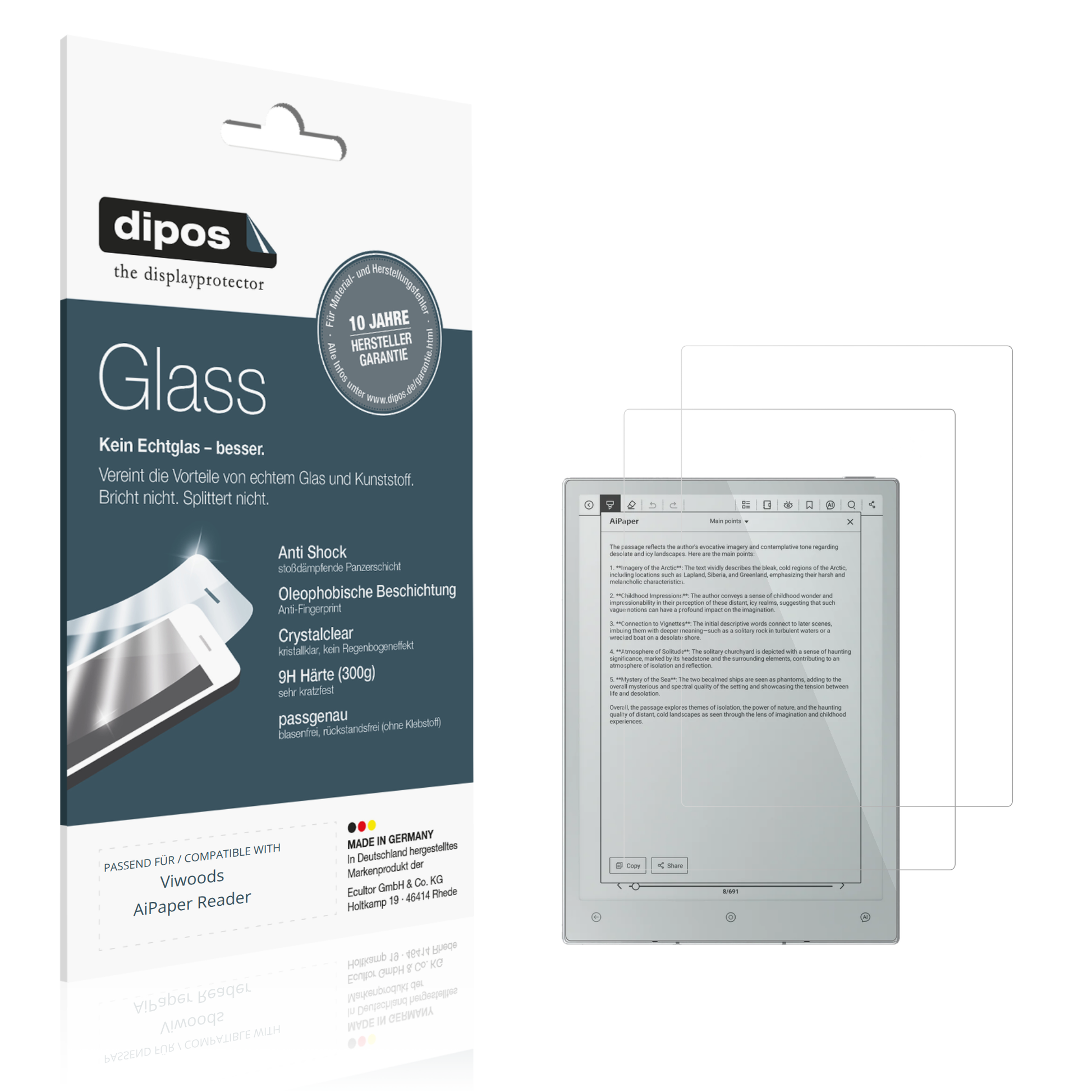 Klare Displayschutzfolie von dipos passend für Viwoods AiPaper Reader, 9H kratzfest und blasenfrei montiert