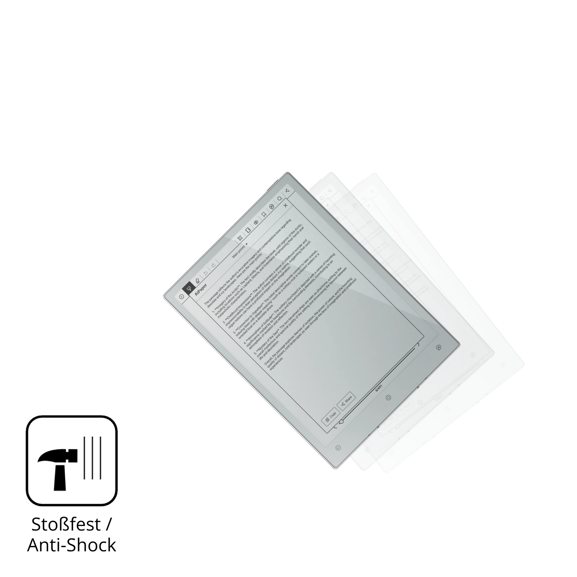 Schutz gegen Kratzer auf dem Viwoods AiPaper Reader Glas durch Schlüssel, Stöße gegen die Tischkante oder Stürze