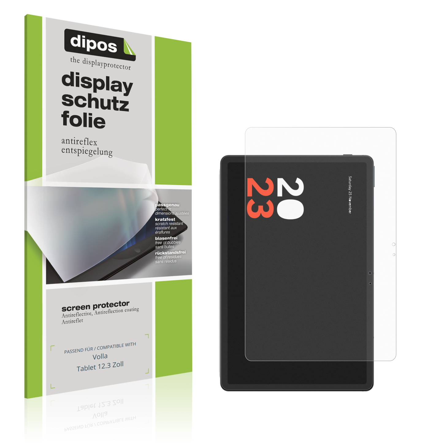 Matte Displayschutzfolie von dipos passend für vollatablet 12.3 zoll, präziser Zuschnitt und blasenfrei montiert