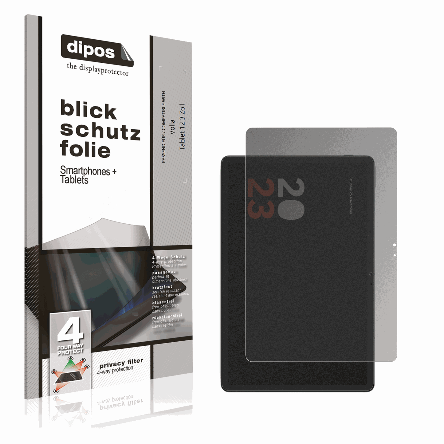 Blickschutzfolie von dipos passend für vollatablet 12.3 zoll, präziser Zuschnitt und blasenfrei montiert
