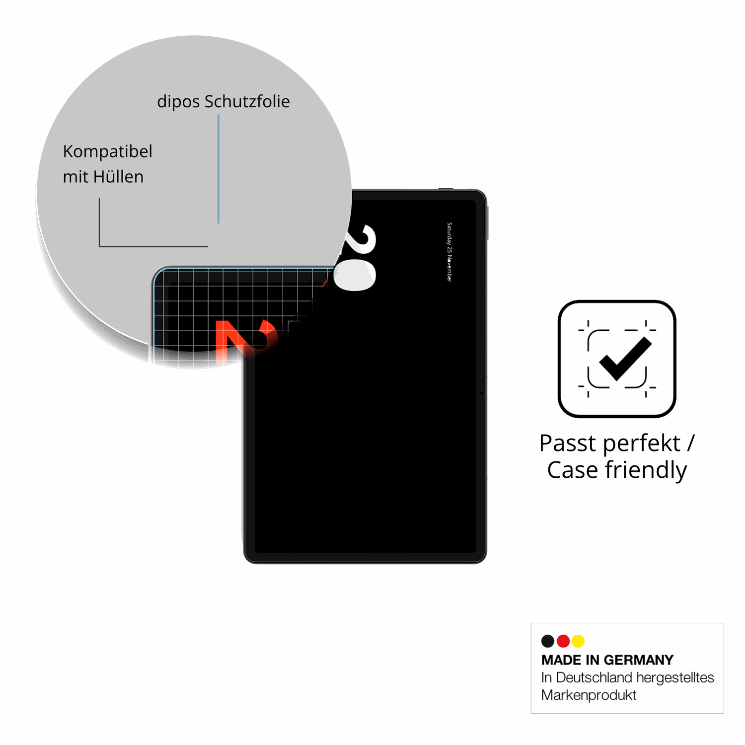Schutzfolie mit optimaler Passform, zur Verwendung mit Hüllen geeignet