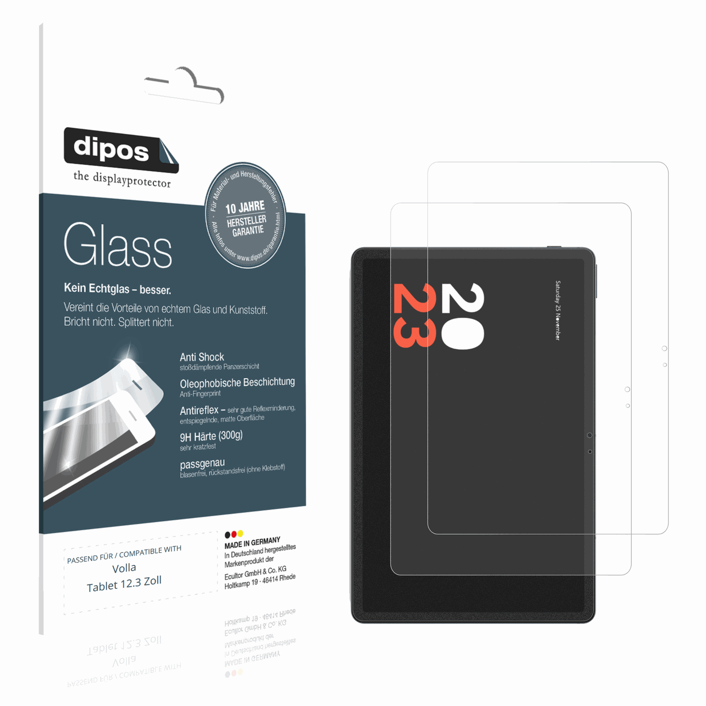 Matte Displayschutzfolie von dipos passend für vollatablet 12.3 zoll, 9H kratzfest und blasenfrei montiert