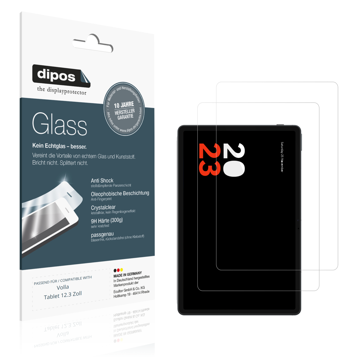 Klare Displayschutzfolie von dipos passend für vollatablet 12.3 zoll, 9H kratzfest und blasenfrei montiert