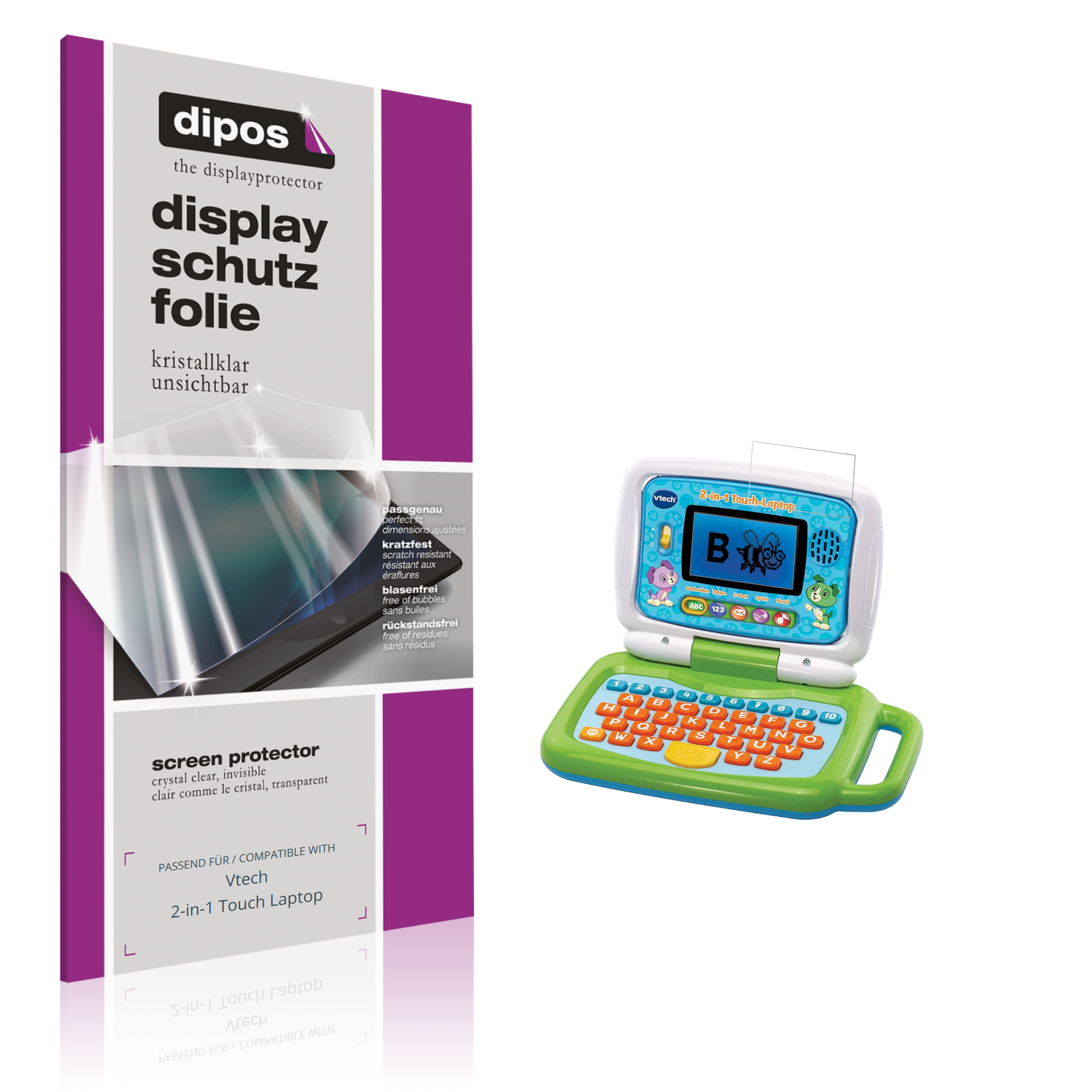 Klare Displayschutzfolie von dipos passend für Vtech 2-in-1 Touch Laptop, präziser Zuschnitt und blasenfrei montiert
