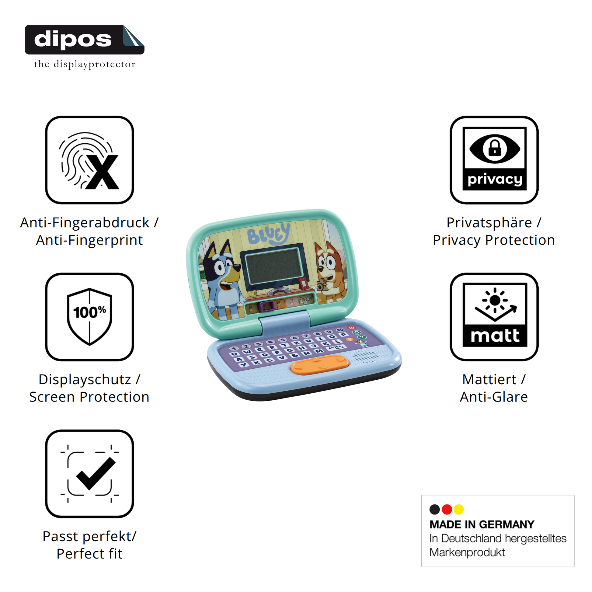 Privatsphäre-Schutz durch Sichtschutz-Folie passend zugeschnitten für Vtech Bluey Lernlaptop