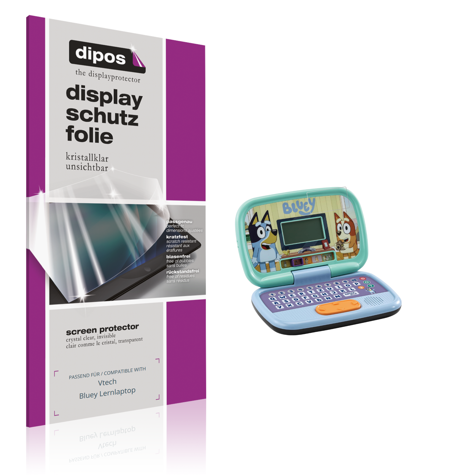 Klare Displayschutzfolie von dipos passend für Vtech Bluey Lernlaptop, präziser Zuschnitt und blasenfrei montiert