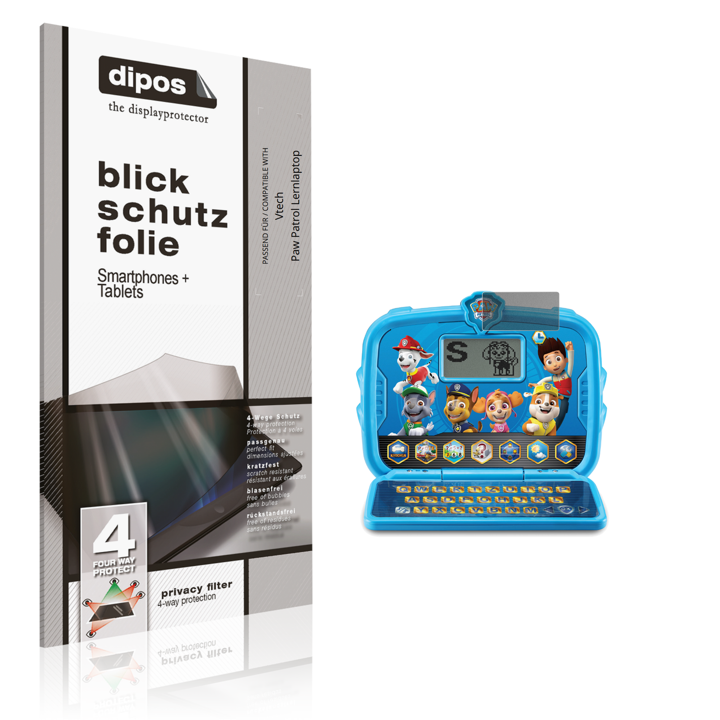 Blickschutzfolie von dipos passend für Vtech Paw Patrol Lernlaptop, präziser Zuschnitt und blasenfrei montiert