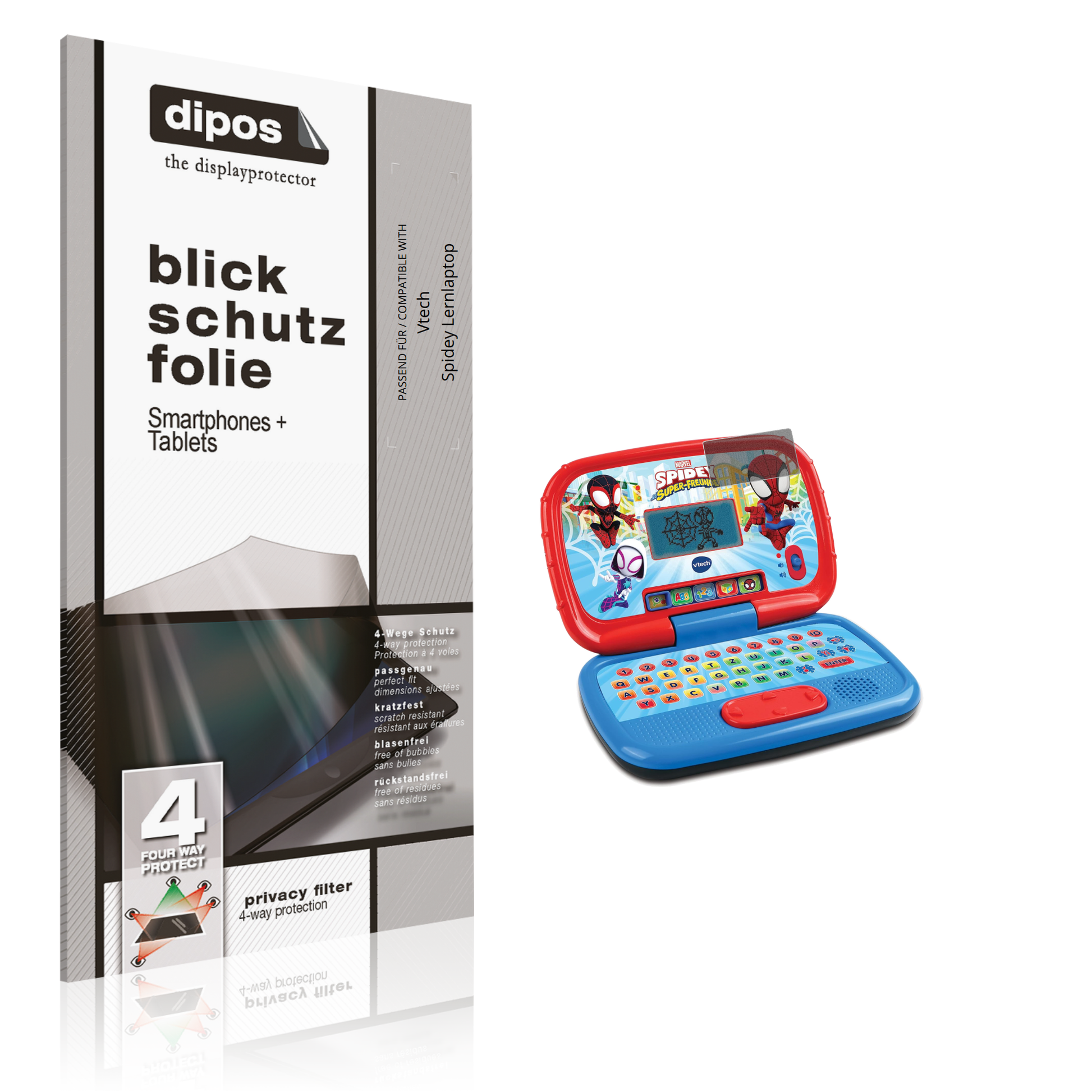 Blickschutzfolie von dipos passend für Vtech Spidey Lernlaptop, präziser Zuschnitt und blasenfrei montiert