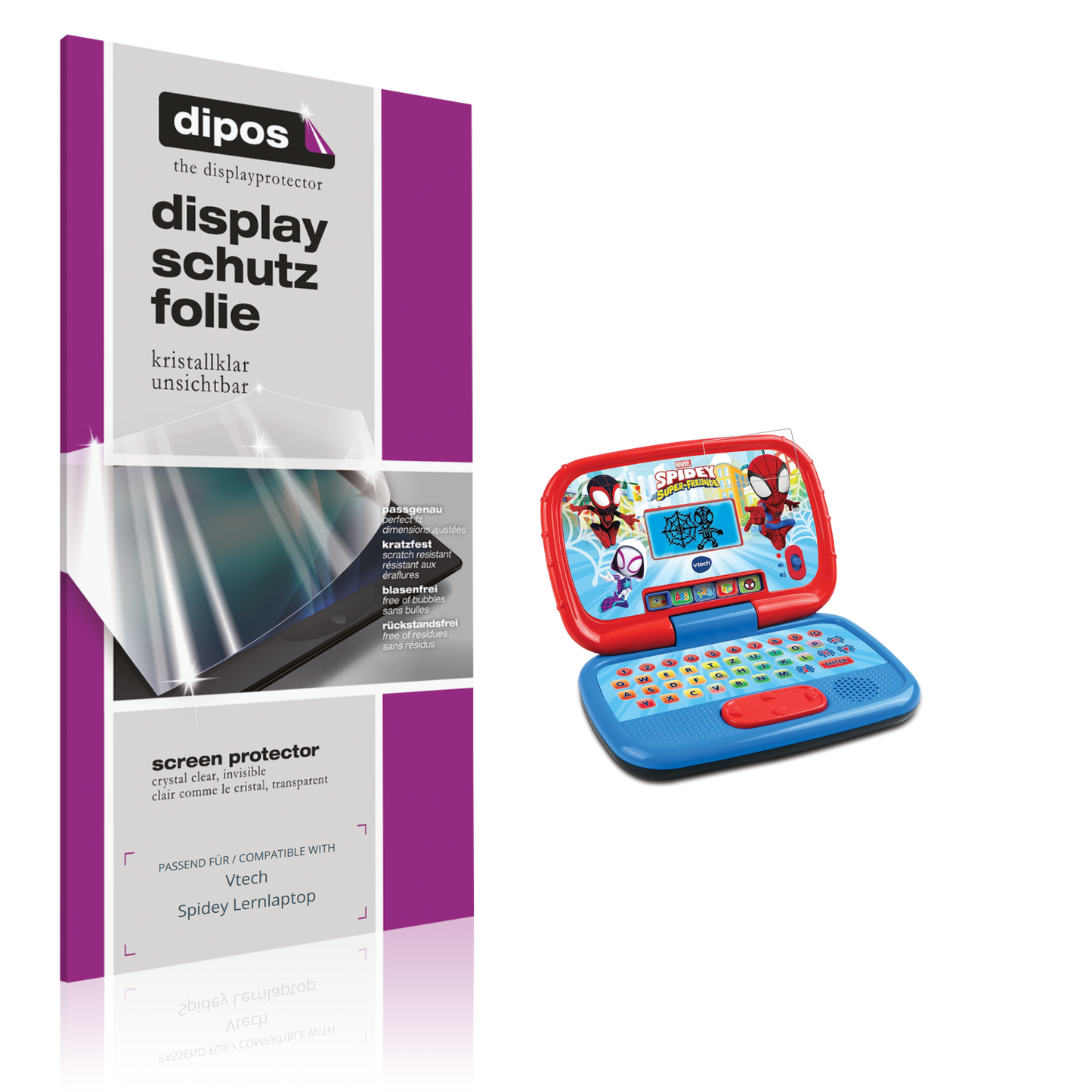 Klare Displayschutzfolie von dipos passend für Vtech Spidey Lernlaptop, präziser Zuschnitt und blasenfrei montiert
