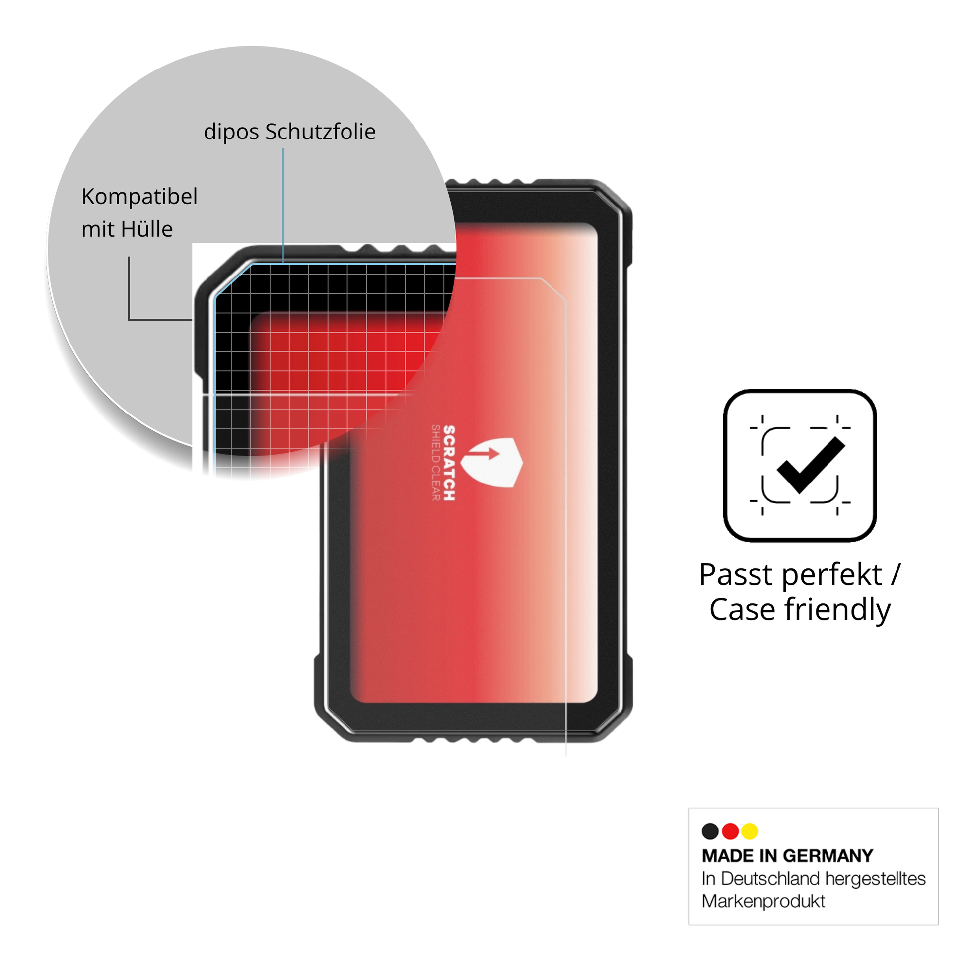 Schutzfolie mit optimaler Passform, zur Verwendung mit Hüllen geeignet