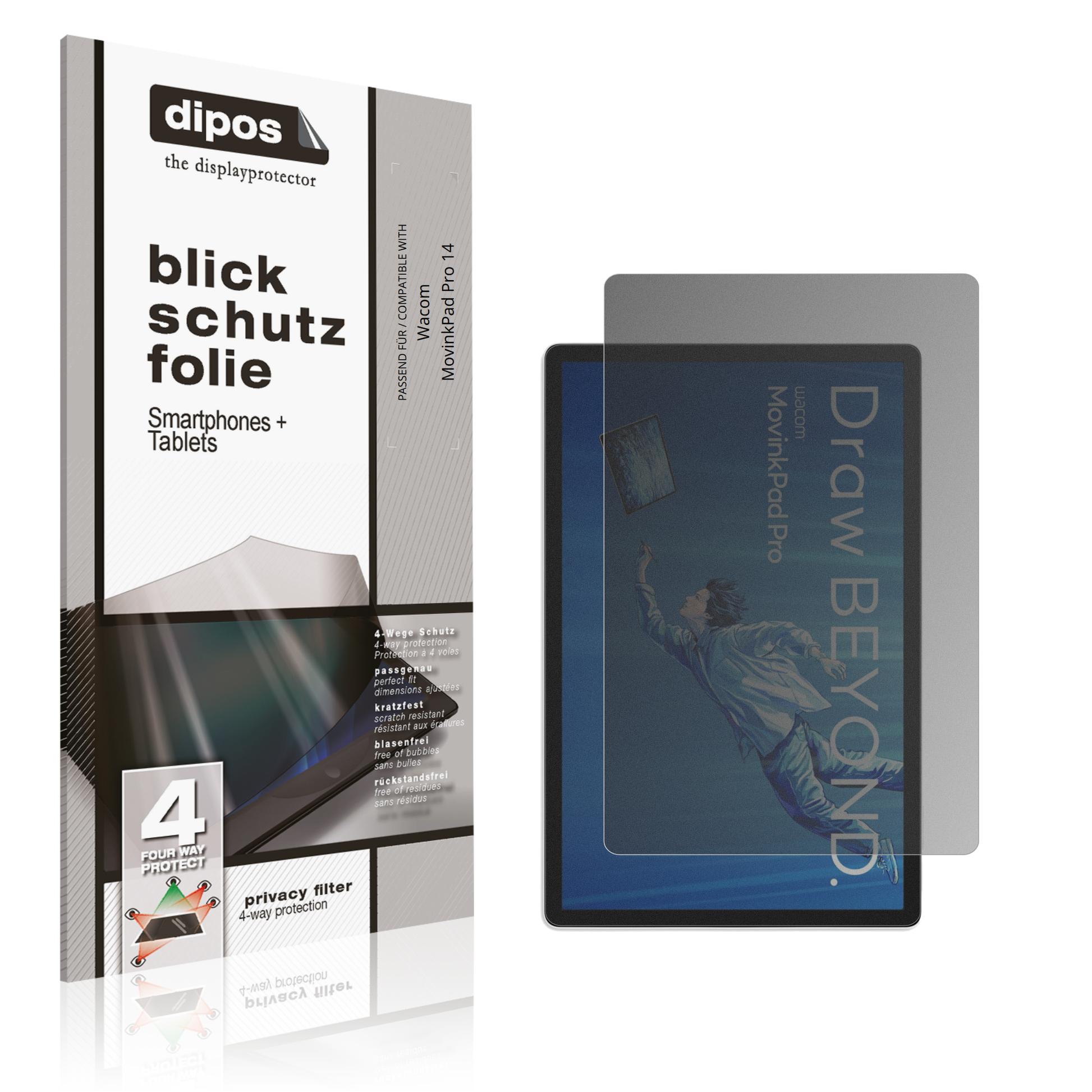 Blickschutzfolie von dipos passend für Wacom MovinkPad Pro 14, präziser Zuschnitt und blasenfrei montiert
