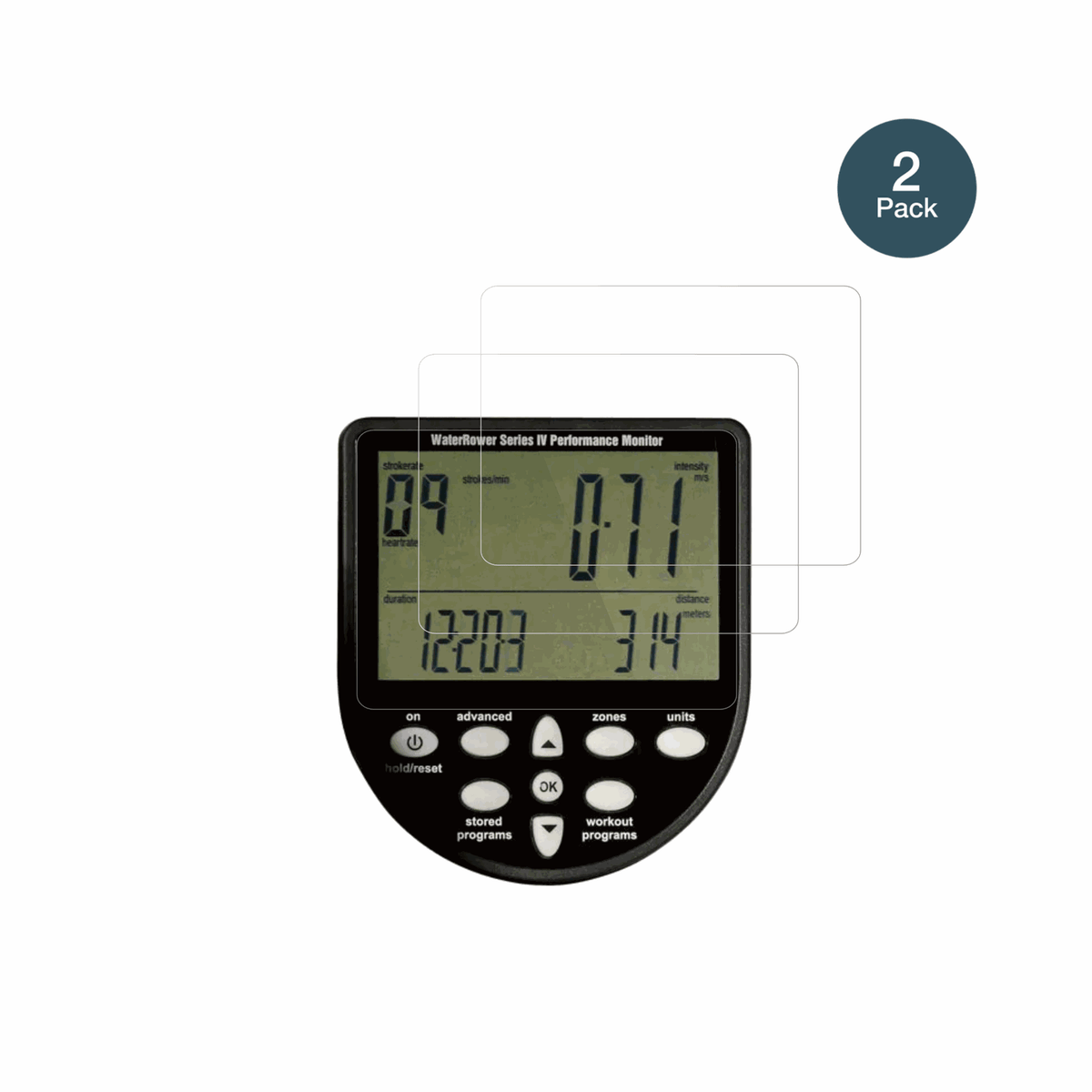 WaterRowerSeries 4 Monitor mit aufgebrachter dipos Flex Schutzfolie, glasklare Darstellung ohne Einschränkungen