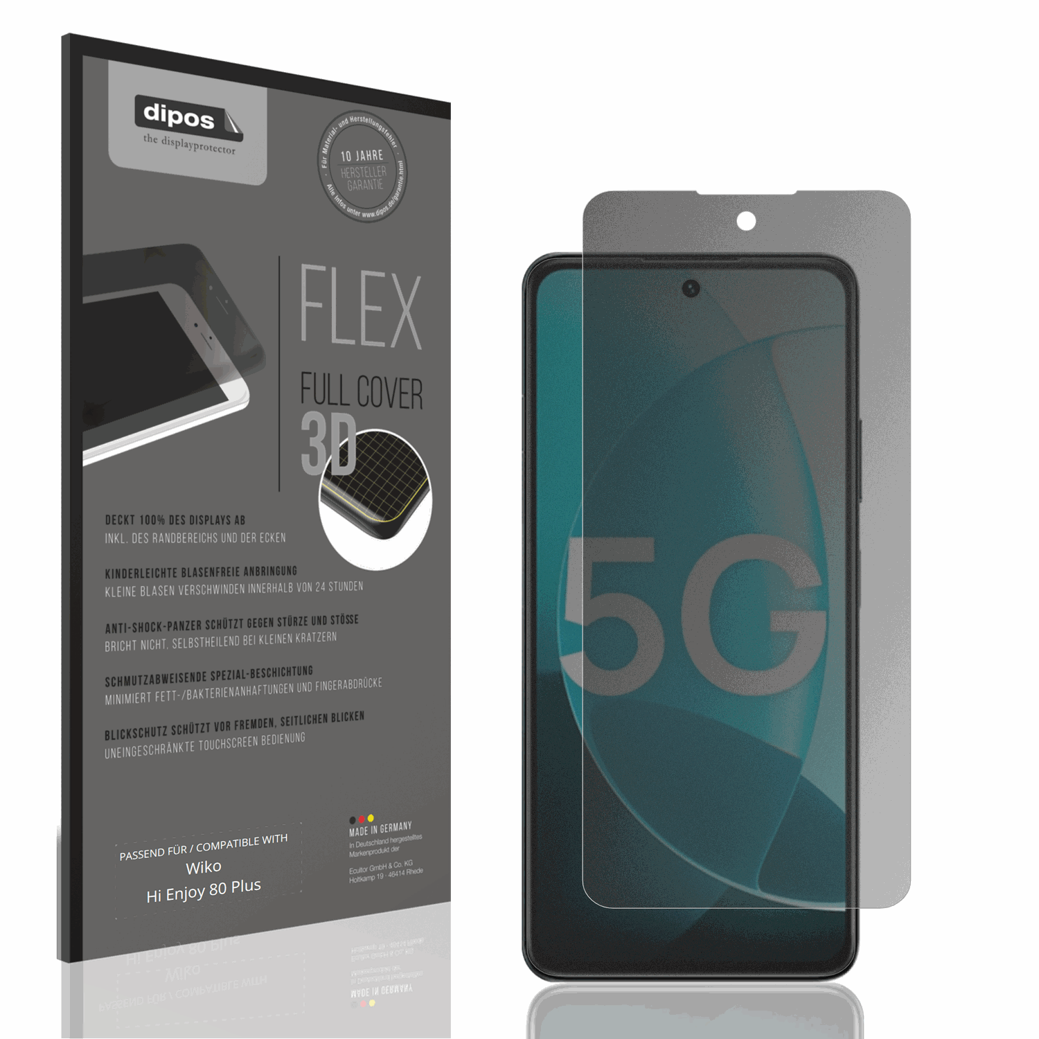 Blickschutzfolie von dipos passend für Wiko Hi Enjoy 80 Plus, 100% Displayabdeckung und blasenfreie Montage