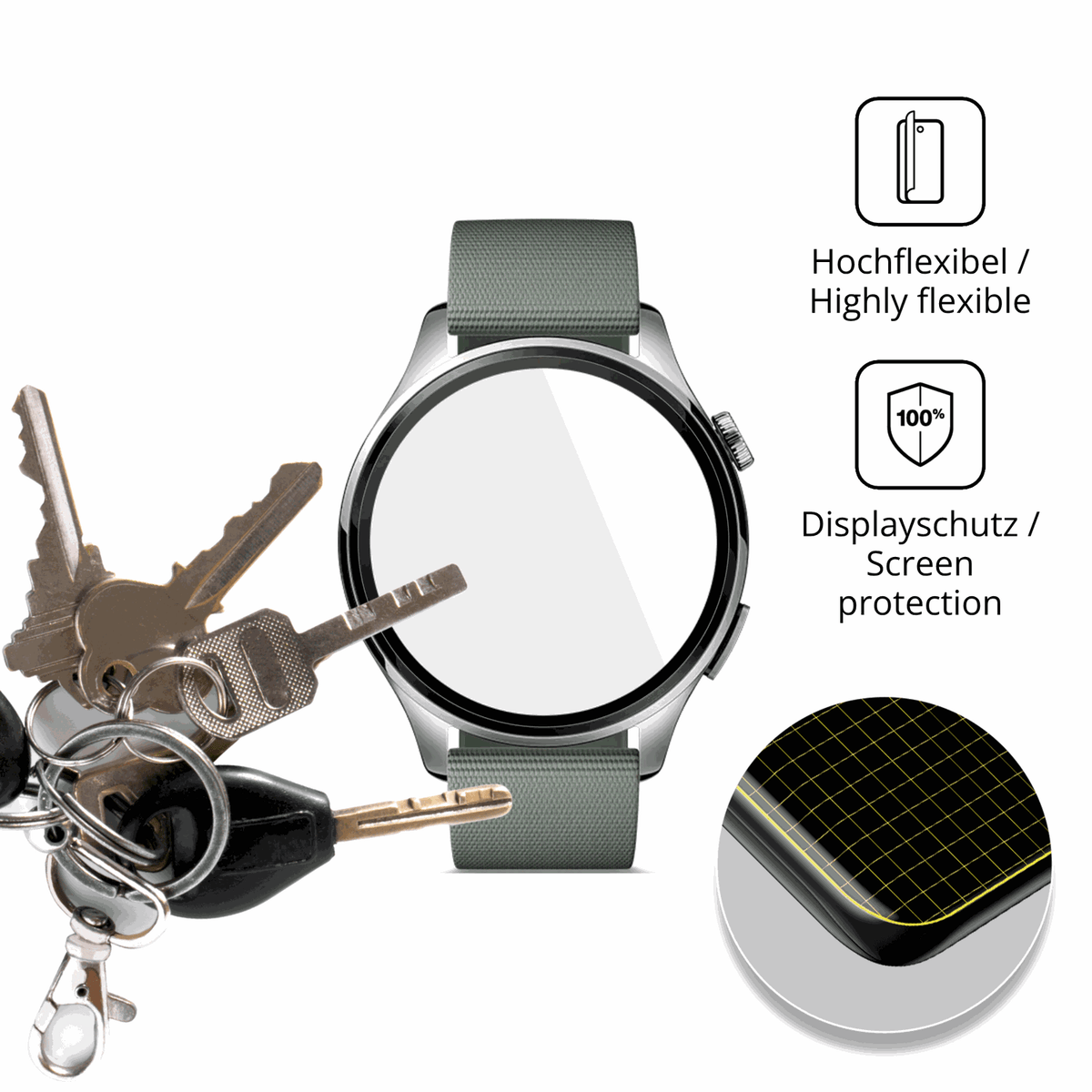 dipos Displayschutz f�r Xiaomi Watch 5, transparente Oberfl�che, geringe Dicke und perfekte Passform