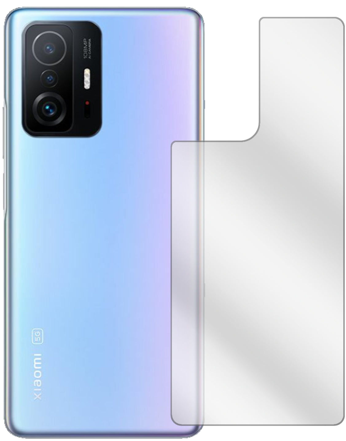 Xiaomi11T Pro Rückseite mit aufgebrachter dipos Displayschutzfolie, glasklare Darstellung ohne Einschränkungen