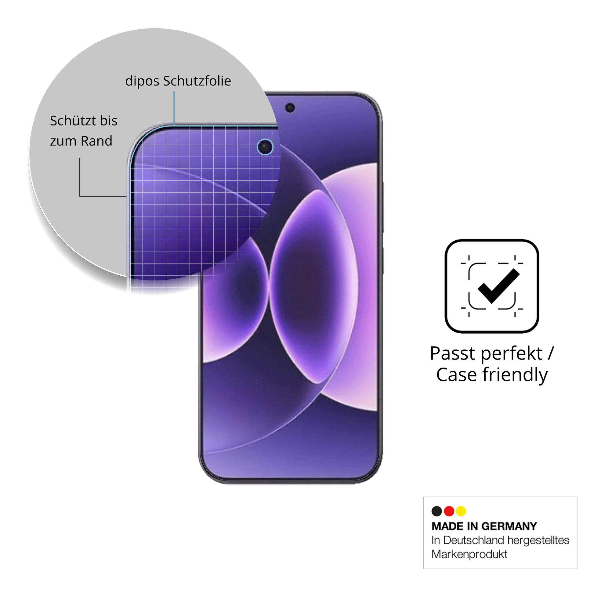 Schutzglasfolie mit optimaler Passform, zur Verwendung mit Hüllen geeignet
