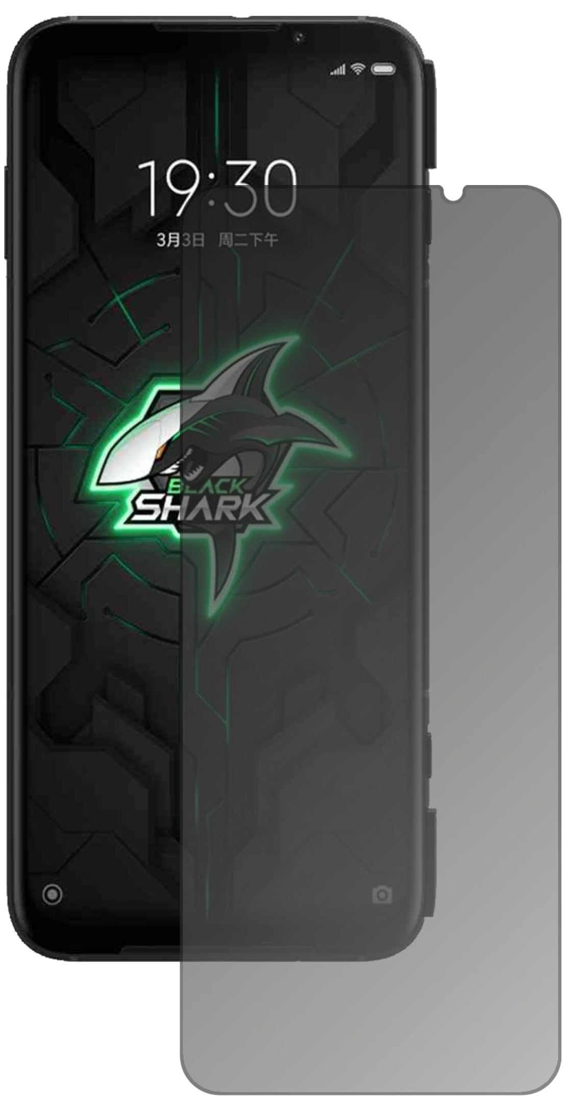 XiaomiBlack Shark 3 mit aufgebrachtem dipos Displayschutz, der seitliche Einblicke blockiert