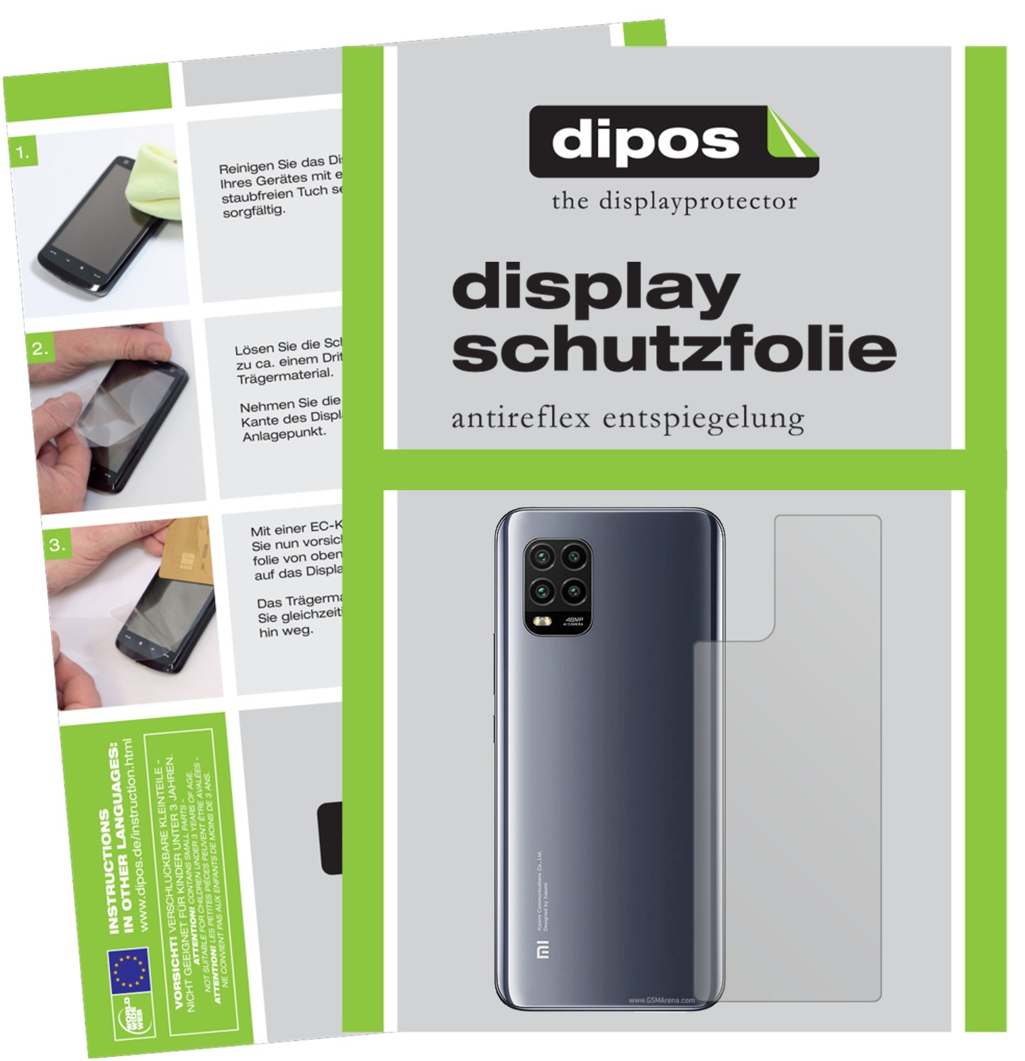 Matte Displayschutzfolie von dipos passend für Xiaomi Mi 10 Lite 5G Rückseite, präziser Zuschnitt und blasenfrei montiert