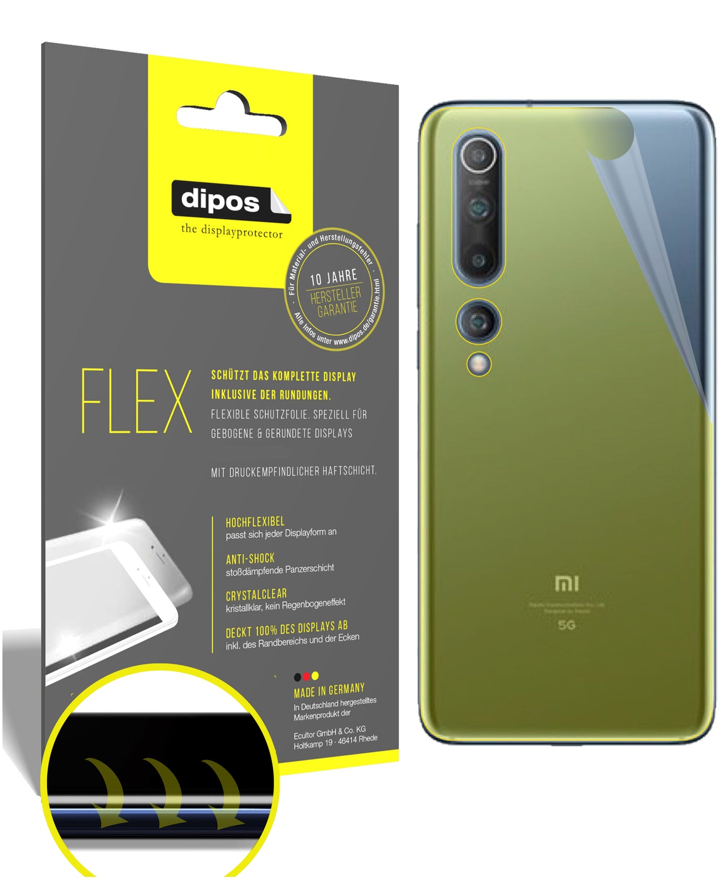 Klare Displayschutzfolie von dipos passend für Xiaomi Mi 10 Pro Rückseite, 100% Displayabdeckung und blasenfreie Montage