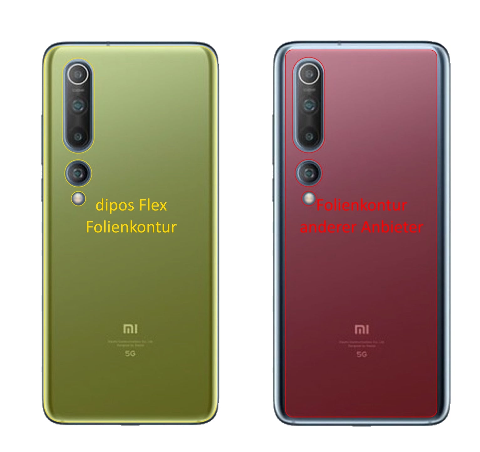 XiaomiMi 10 Pro Rückseite mit aufgebrachter dipos Displayschutzfolie, glasklare Darstellung ohne Einschränkungen