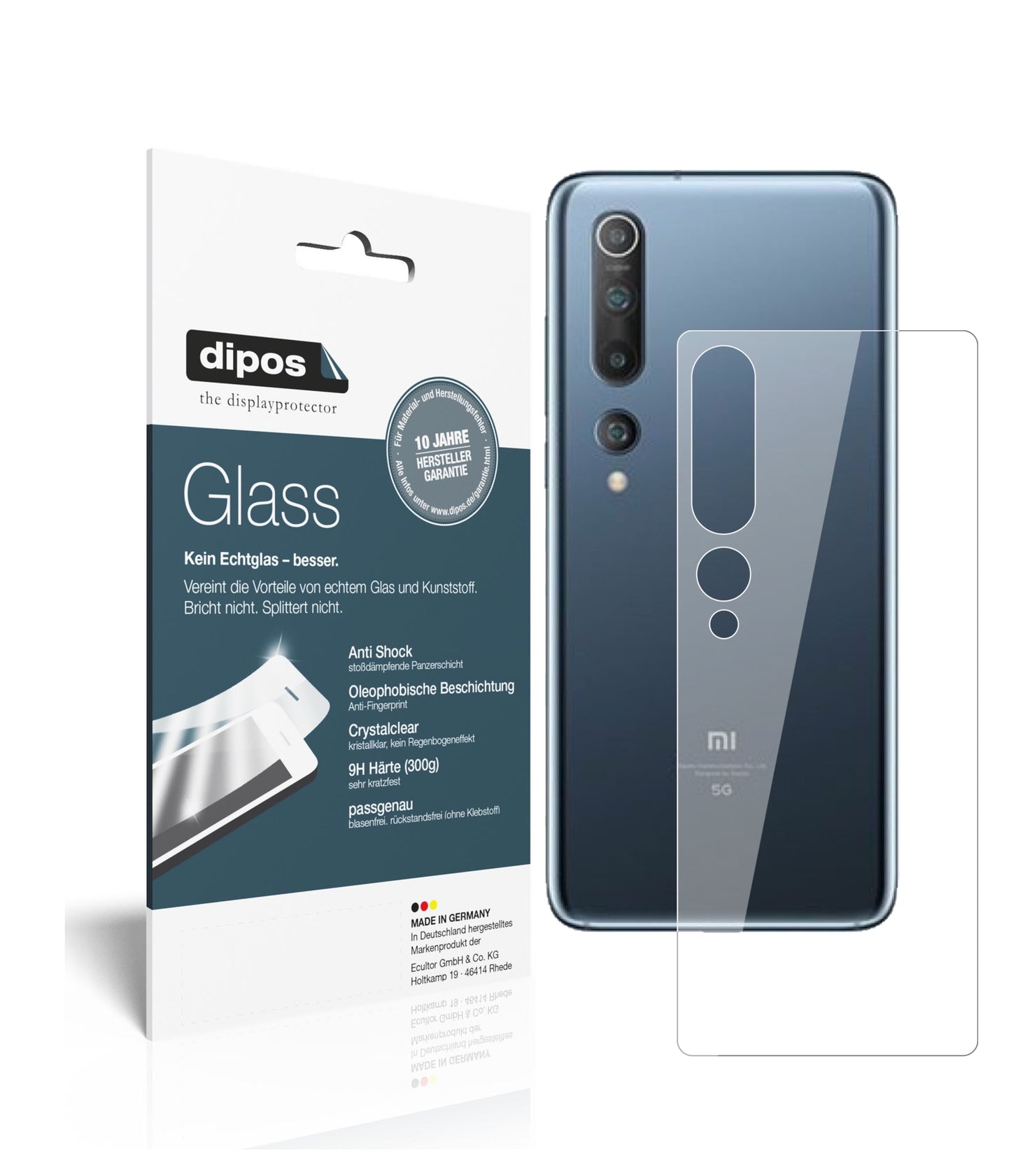 Klare Displayschutzfolie von dipos passend für Xiaomi Mi 10 Pro Rückseite, 9H kratzfest und blasenfrei montiert