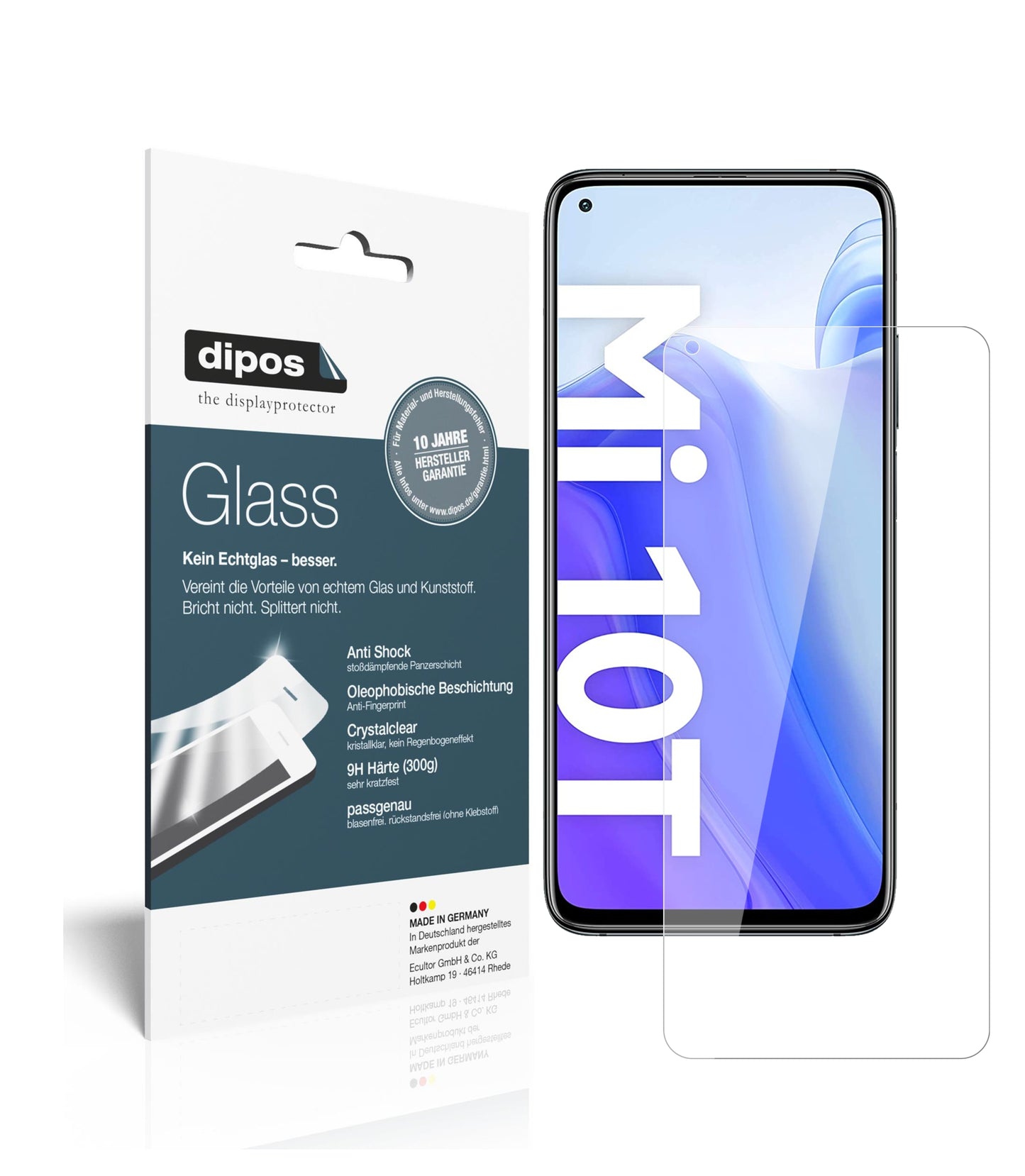 Klare Displayschutzfolie von dipos passend für Xiaomi Mi 10T, 9H kratzfest und blasenfrei montiert
