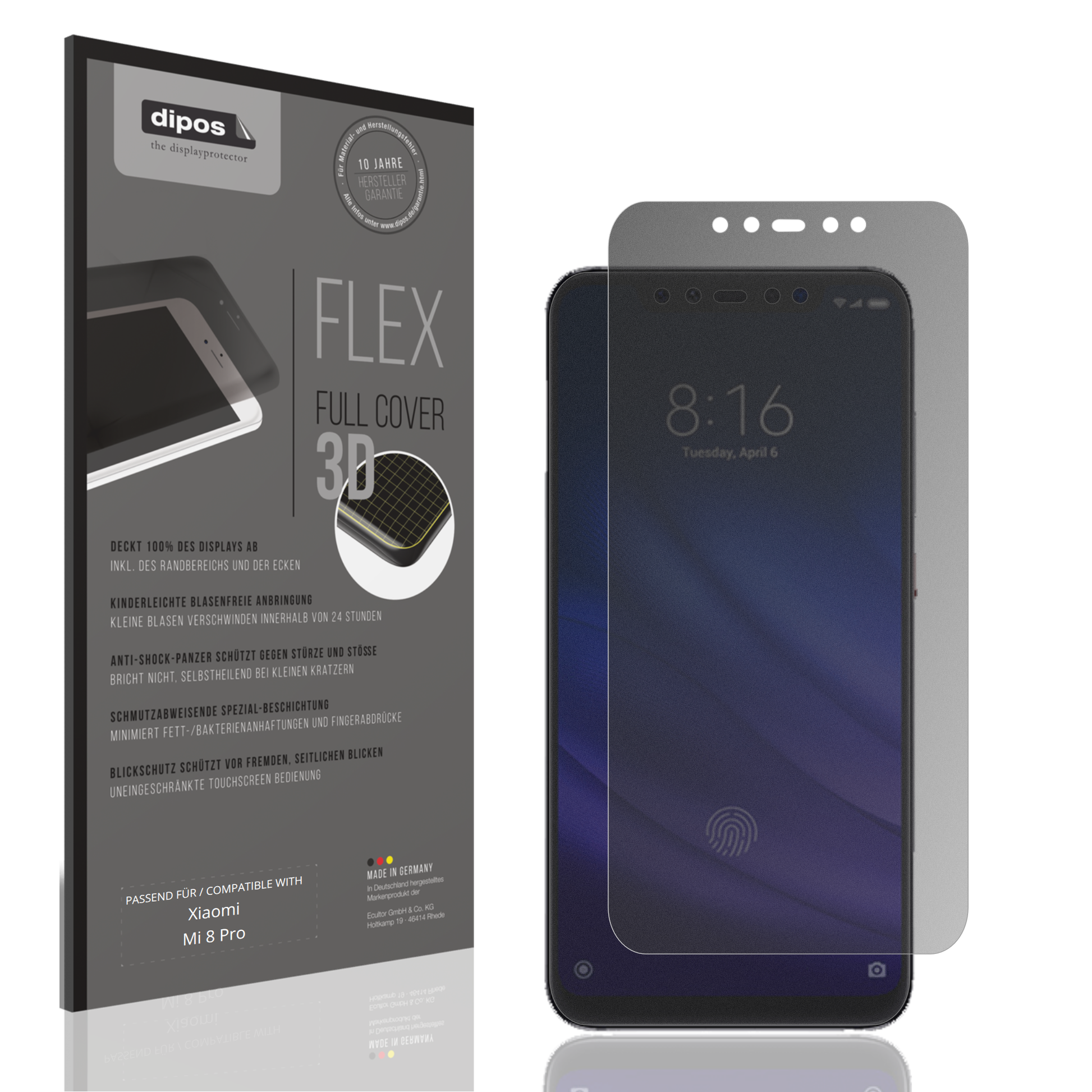 Blickschutzfolie von dipos passend für Xiaomi Mi 8 Pro, 100% Displayabdeckung und blasenfreie Montage