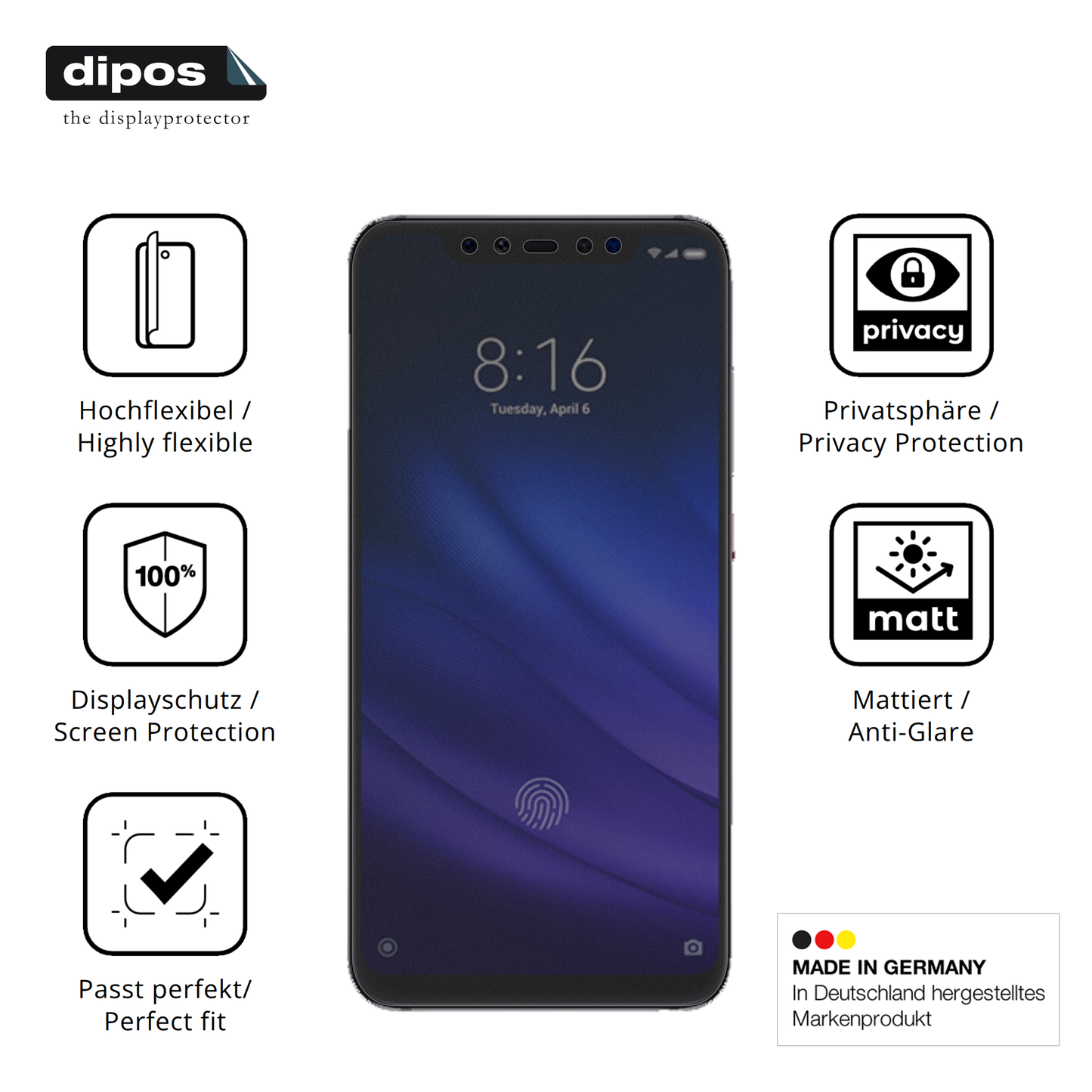 Flexible TPU-Folie passend zugeschnitten für Xiaomi Mi 8 Pro, mit Privatsphäre-Schutz durch Sichtschutz-Folie